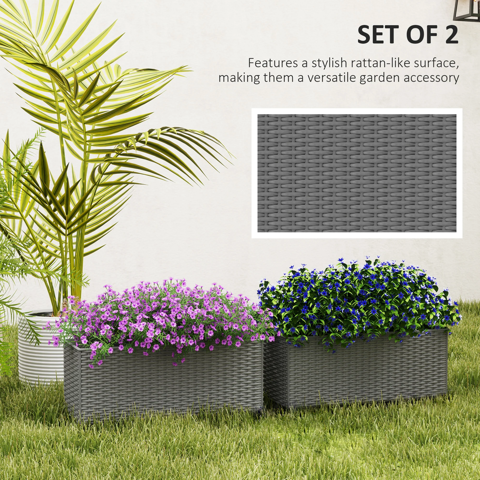 Railing Planter Box (2 Pack, 20 Inch), Self-Watering Hanging Flower Pots with Hooks for Fence, Balcony, Garden, Patio, Rattan Look, Gray - Image 6
