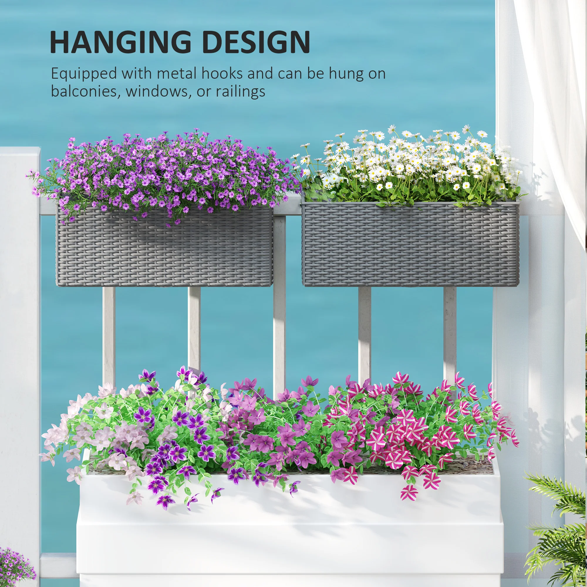 Railing Planter Box (2 Pack, 20 Inch), Self-Watering Hanging Flower Pots with Hooks for Fence, Balcony, Garden, Patio, Rattan Look, Gray - Image 9