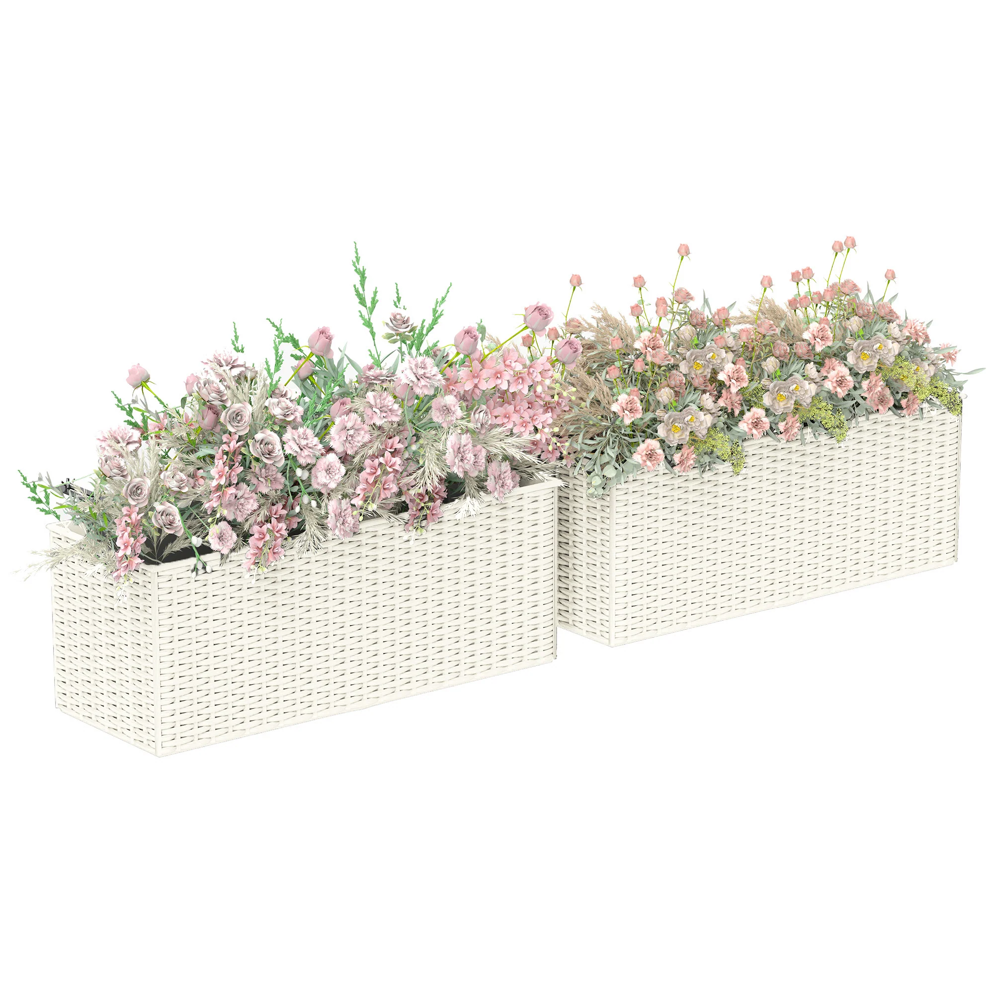 Railing Planter Box (2 Pack, 20 Inch), Self-Watering Hanging Flower Pots with Hooks for Fence, Balcony, Garden, Patio, Rattan Look, White