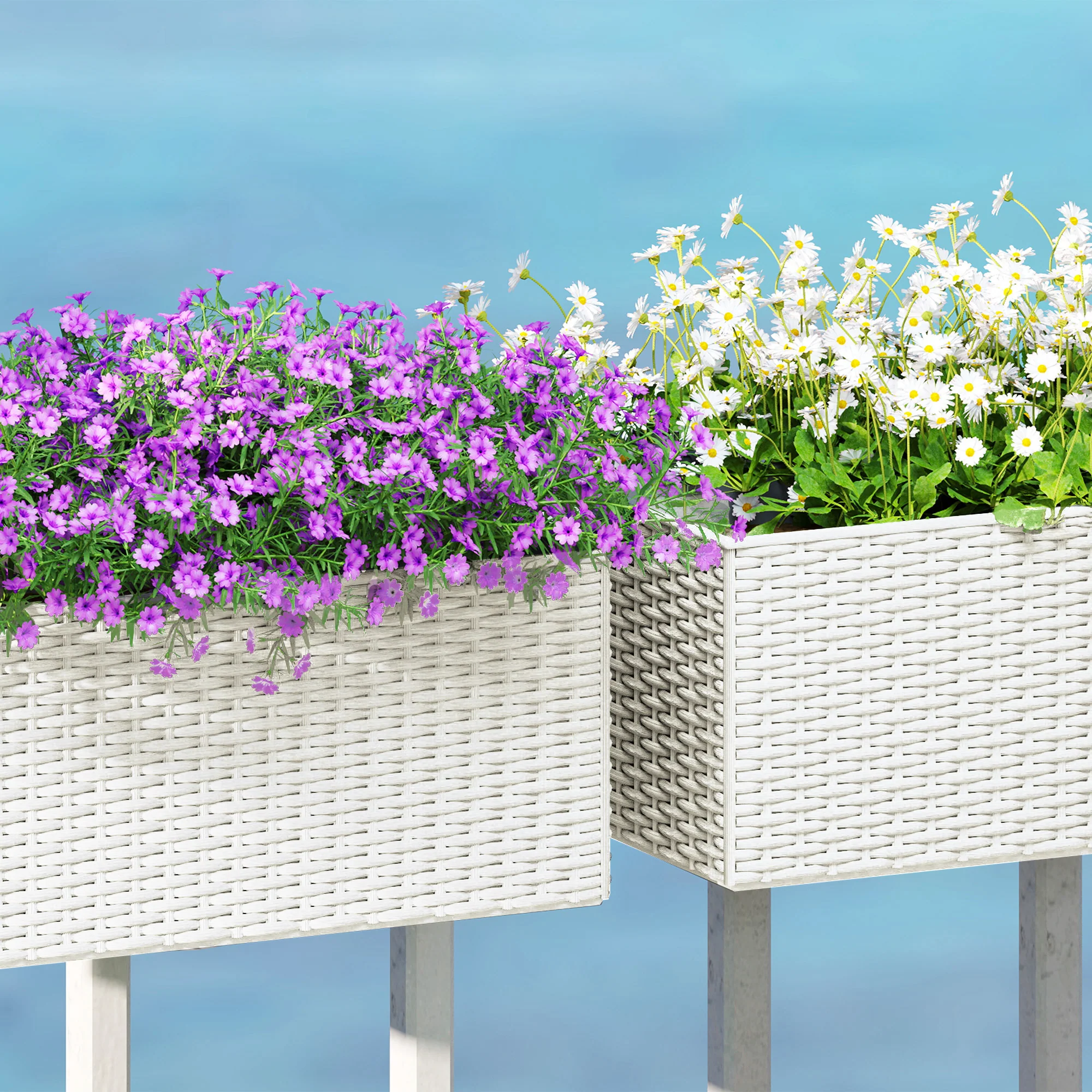 Railing Planter Box (2 Pack, 20 Inch), Self-Watering Hanging Flower Pots with Hooks for Fence, Balcony, Garden, Patio, Rattan Look, White - Image 11