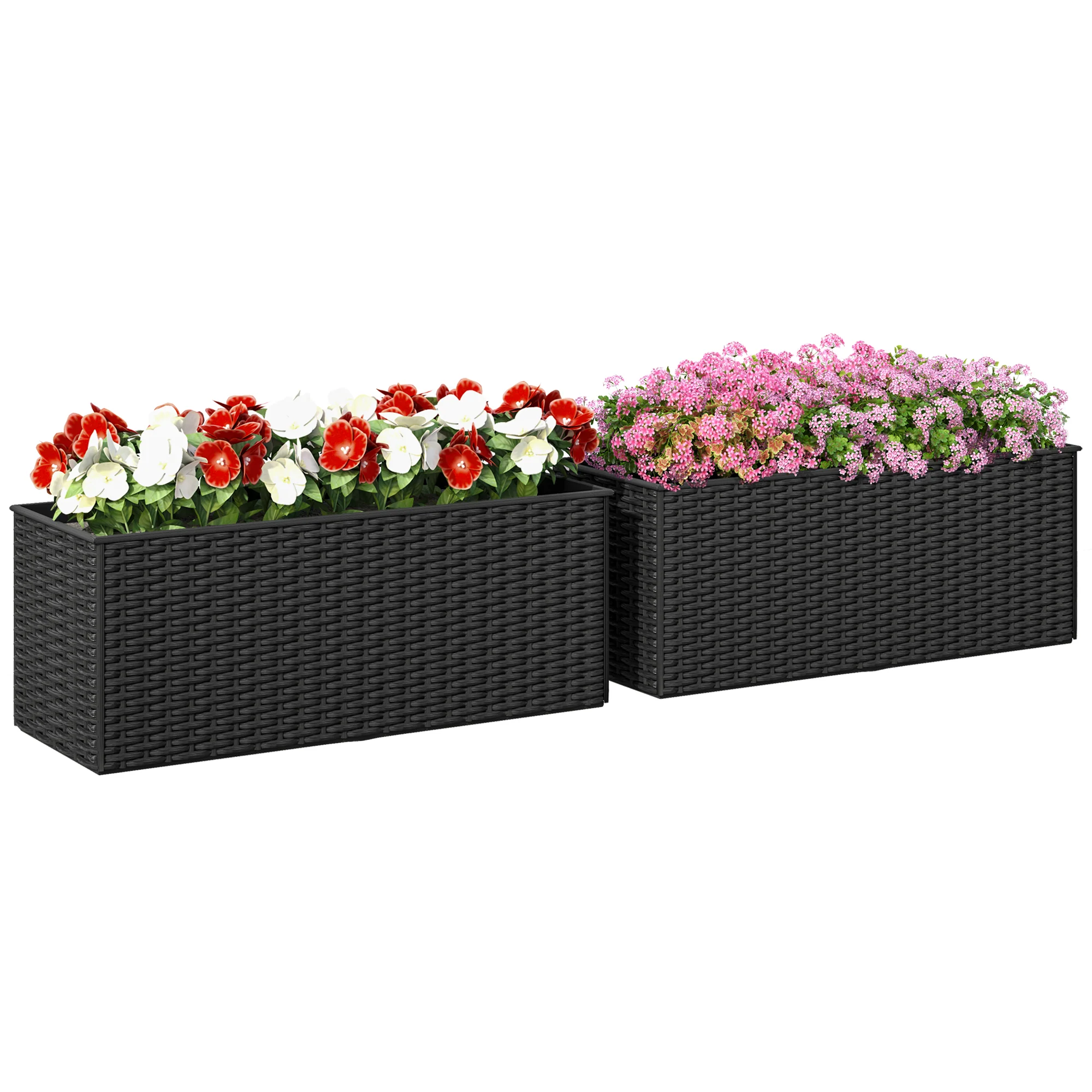 Railing Planter Box (2 Pack, 20 Inch), Self-Watering Hanging Flower Pots with Hooks for Fence, Balcony, Garden, Patio, Rattan Look, Black
