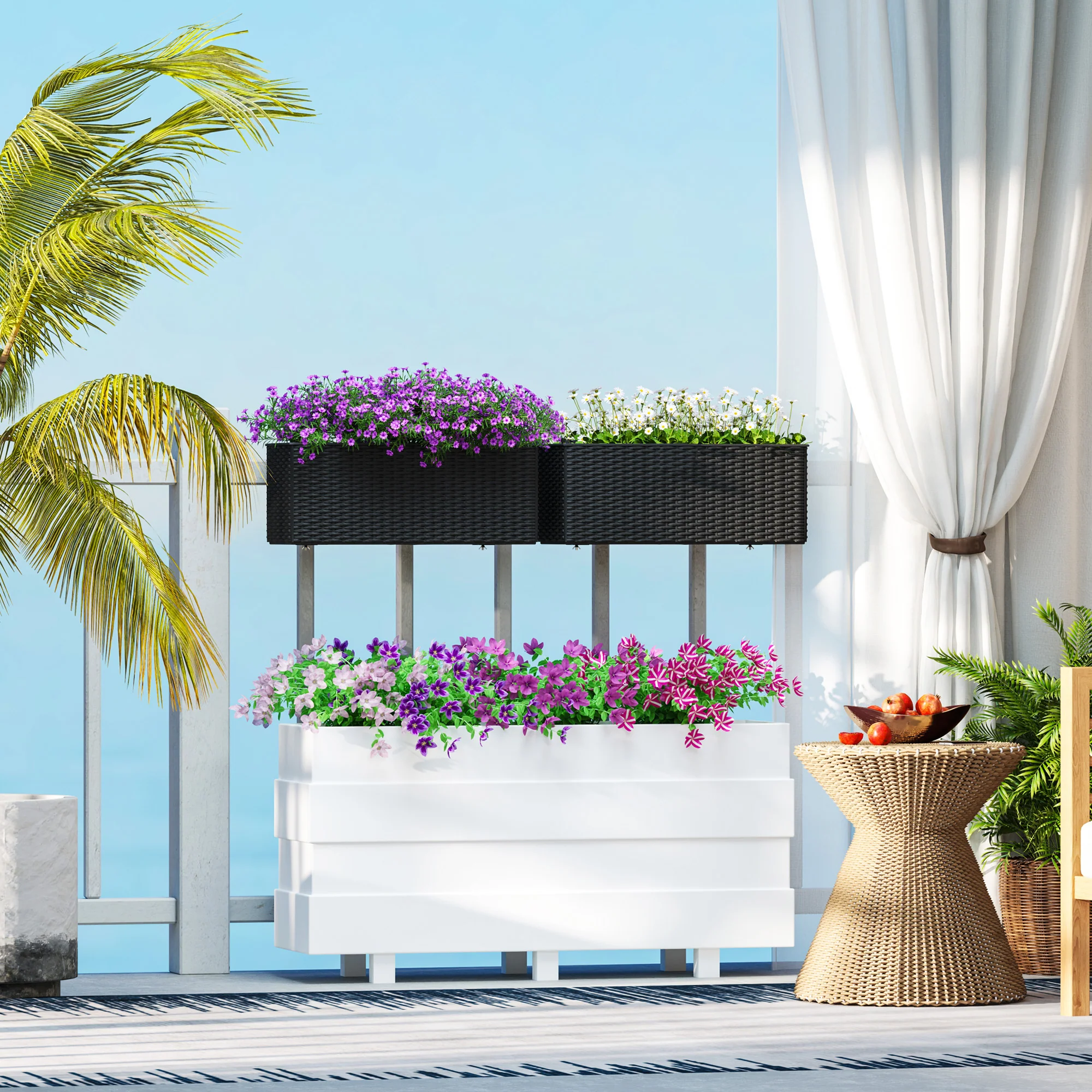 Railing Planter Box (2 Pack, 20 Inch), Self-Watering Hanging Flower Pots with Hooks for Fence, Balcony, Garden, Patio, Rattan Look, Black - Image 3