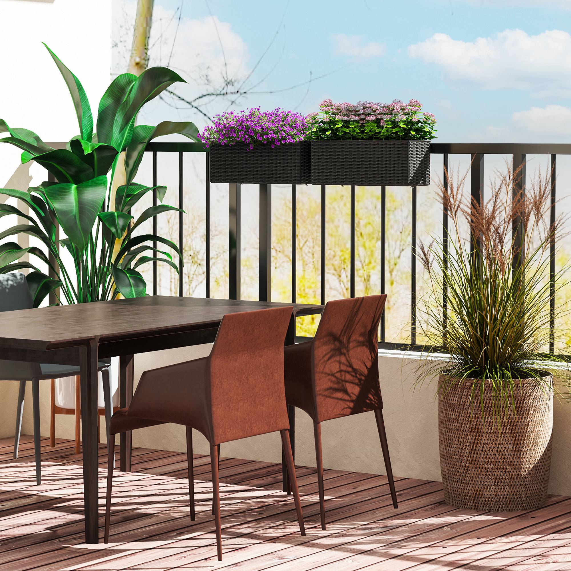 Railing Planter Box (2 Pack, 20 Inch), Self-Watering Hanging Flower Pots with Hooks for Fence, Balcony, Garden, Patio, Rattan Look, Black - Image 4