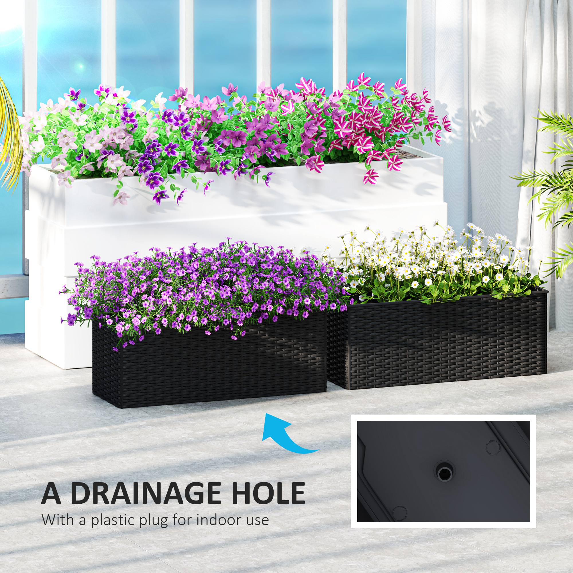 Railing Planter Box (2 Pack, 20 Inch), Self-Watering Hanging Flower Pots with Hooks for Fence, Balcony, Garden, Patio, Rattan Look, Black - Image 8