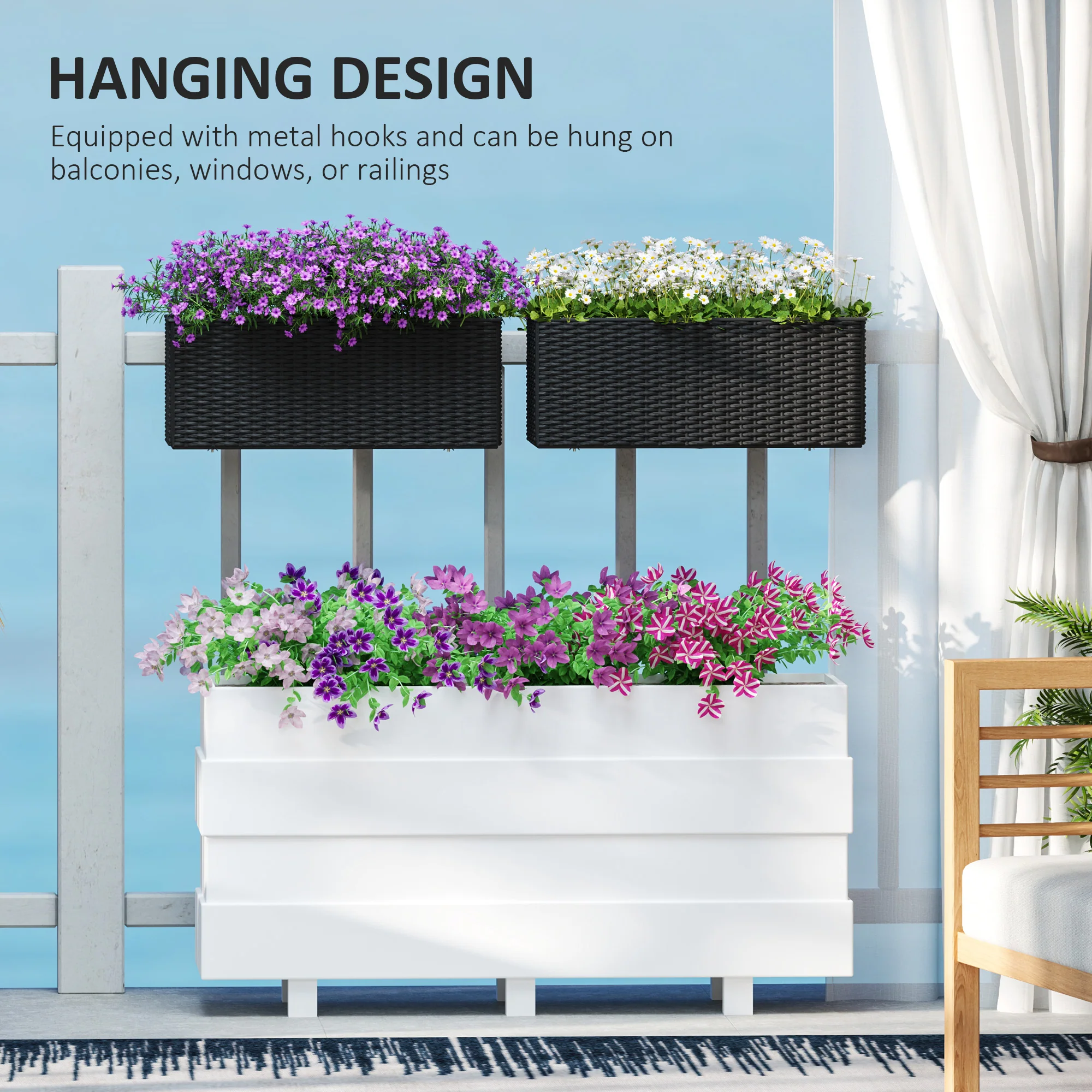 Railing Planter Box (2 Pack, 20 Inch), Self-Watering Hanging Flower Pots with Hooks for Fence, Balcony, Garden, Patio, Rattan Look, Black - Image 9