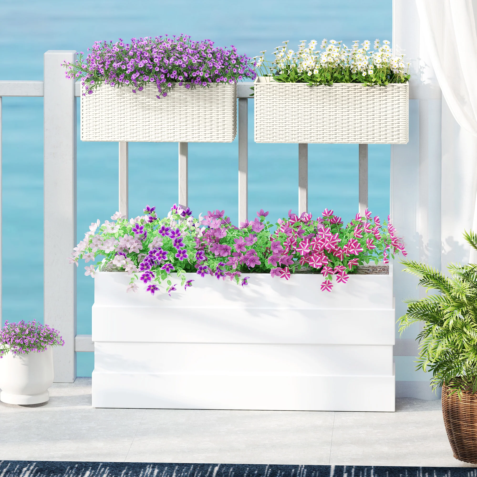 Railing Planter Box (2 Pack, 20 Inch), Self-Watering Hanging Flower Pots with Hooks for Fence, Balcony, Garden, Patio, Rattan Look, White - Image 3