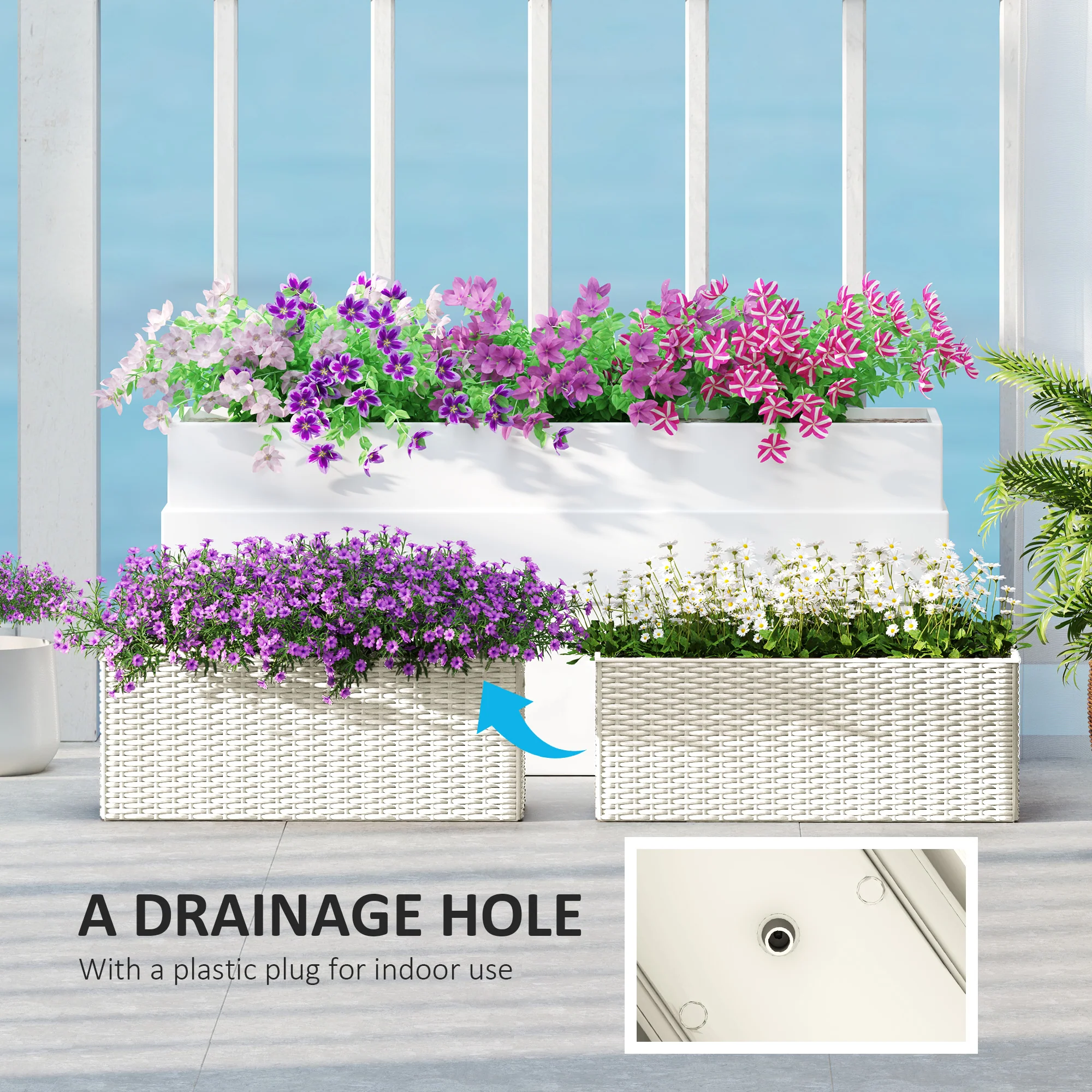 Railing Planter Box (2 Pack, 20 Inch), Self-Watering Hanging Flower Pots with Hooks for Fence, Balcony, Garden, Patio, Rattan Look, White - Image 8