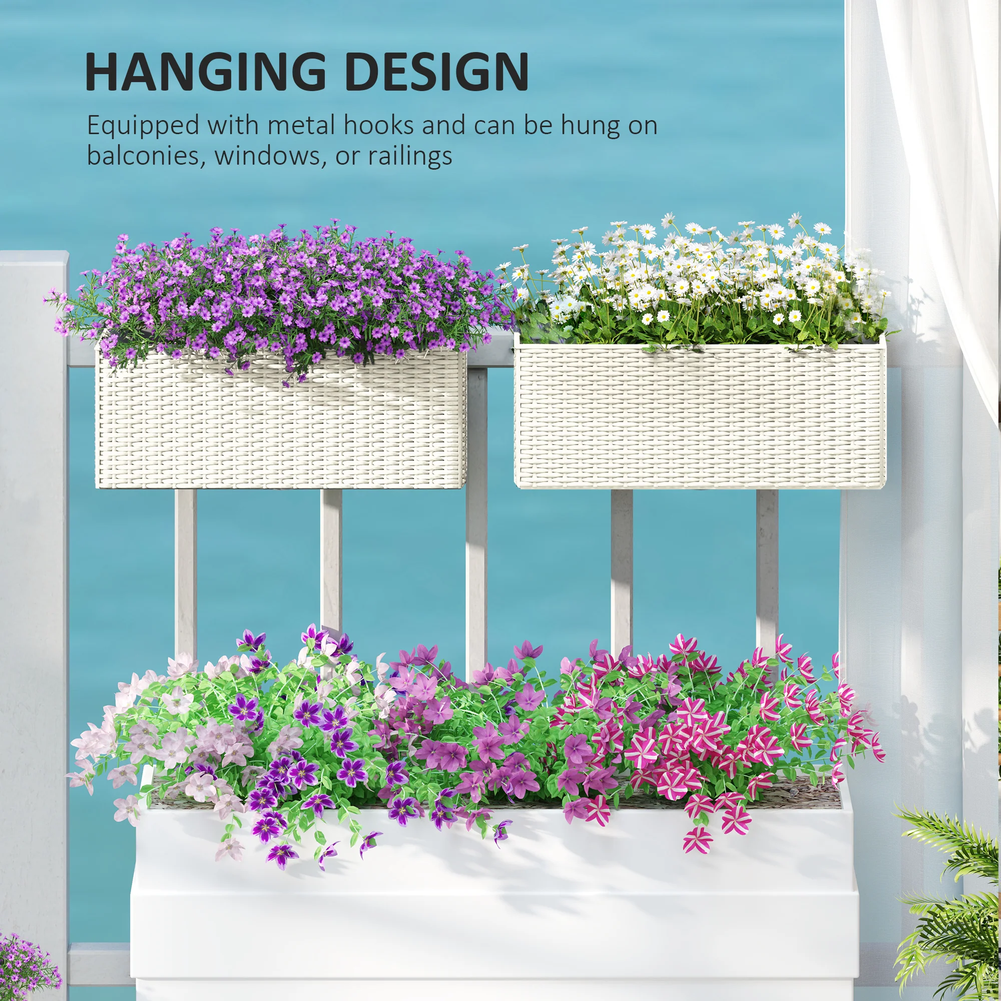 Railing Planter Box (2 Pack, 20 Inch), Self-Watering Hanging Flower Pots with Hooks for Fence, Balcony, Garden, Patio, Rattan Look, White - Image 9