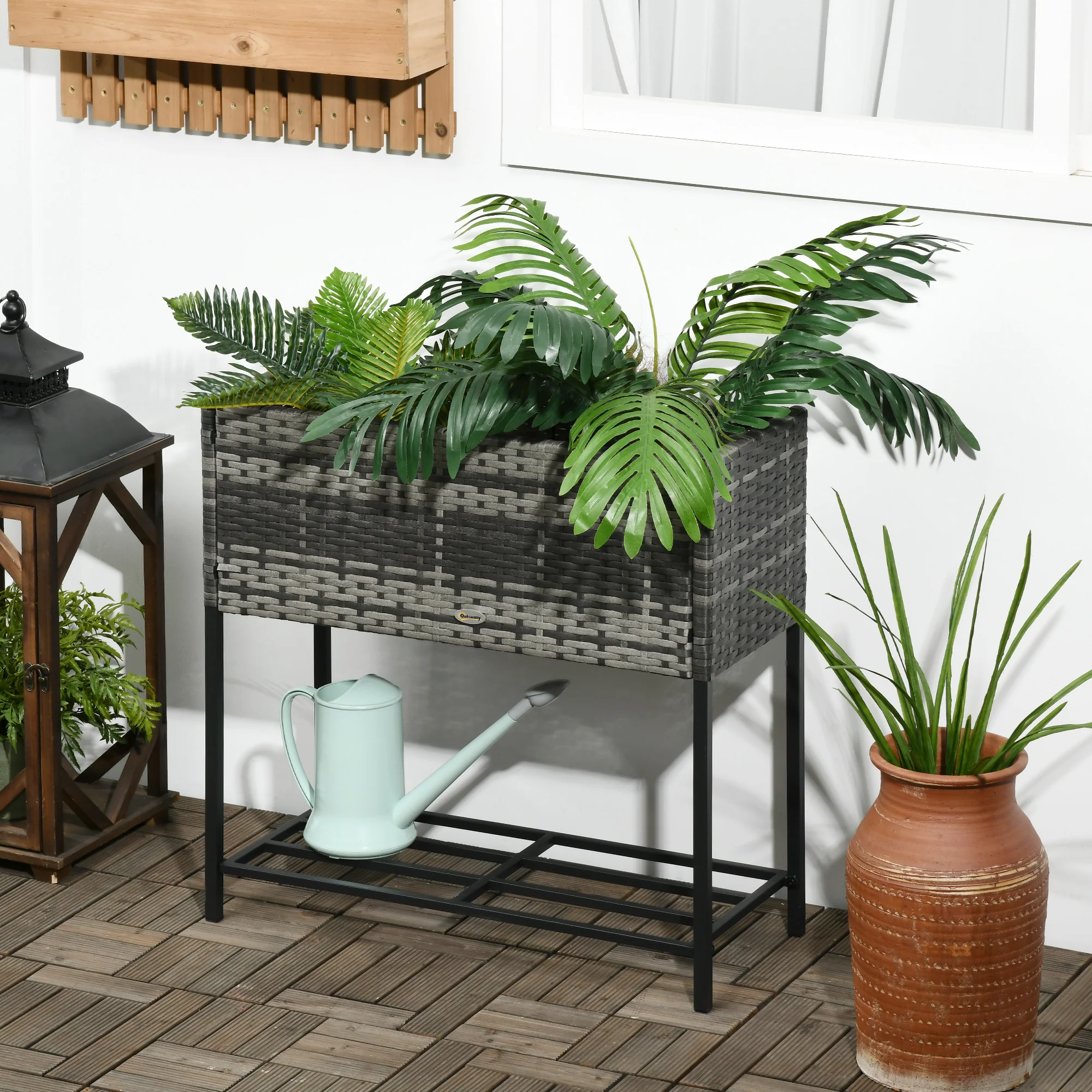 PE Rattan Raised Planter Bed with Tool Storage Shelf for Plants, Flowers, Herbs, Gray - Image 3