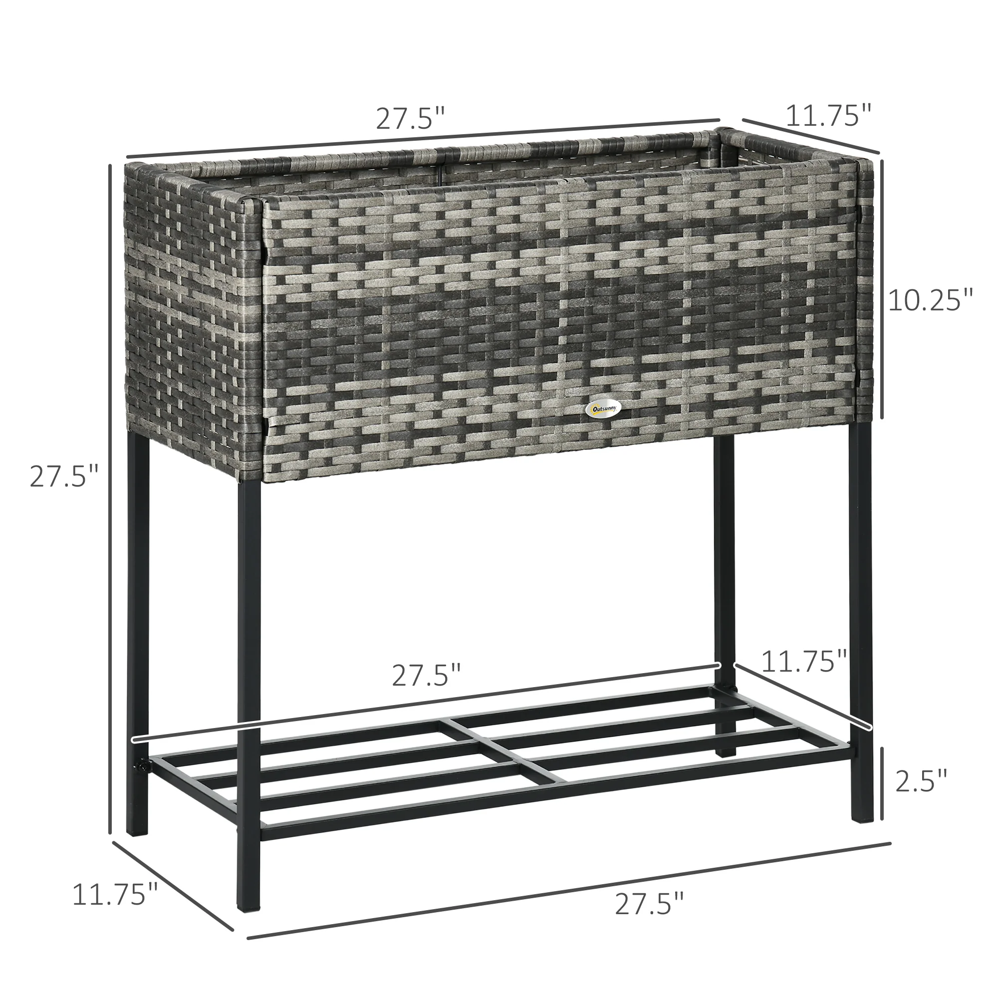 PE Rattan Raised Planter Bed with Tool Storage Shelf for Plants, Flowers, Herbs, Gray - Image 5