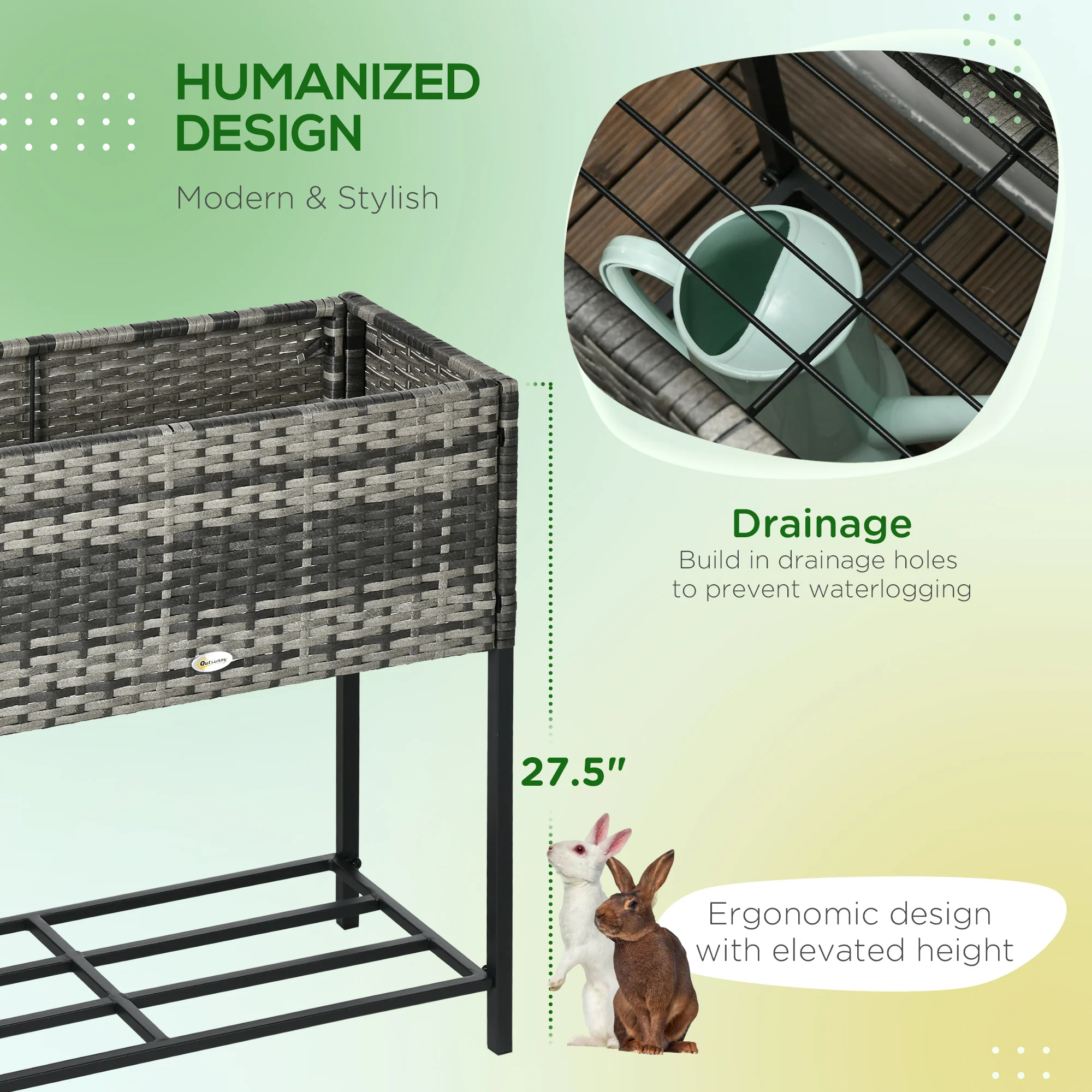 PE Rattan Raised Planter Bed with Tool Storage Shelf for Plants, Flowers, Herbs, Gray - Image 8