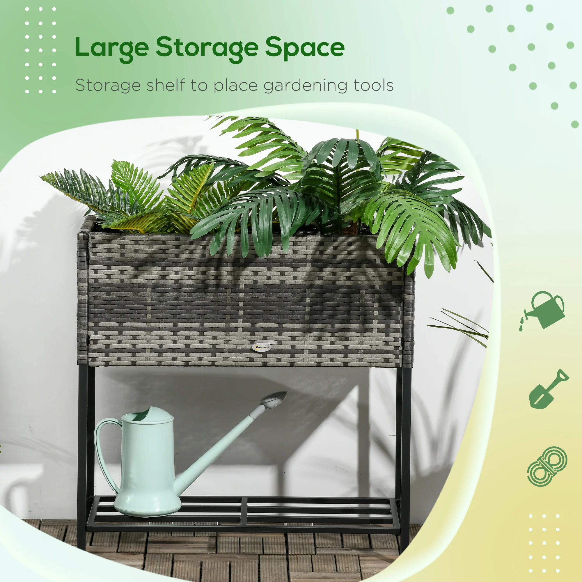 PE Rattan Raised Planter Bed with Tool Storage Shelf for Plants, Flowers, Herbs, Gray - Image 9