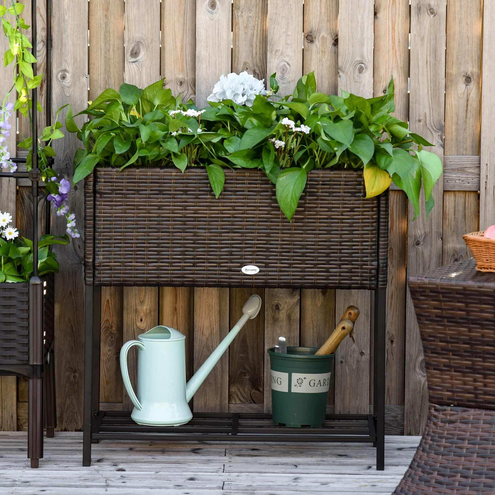 PE Rattan Raised Planter Bed with Tool Storage Shelf for Plants, Flowers, Herbs, Brown - Image 3