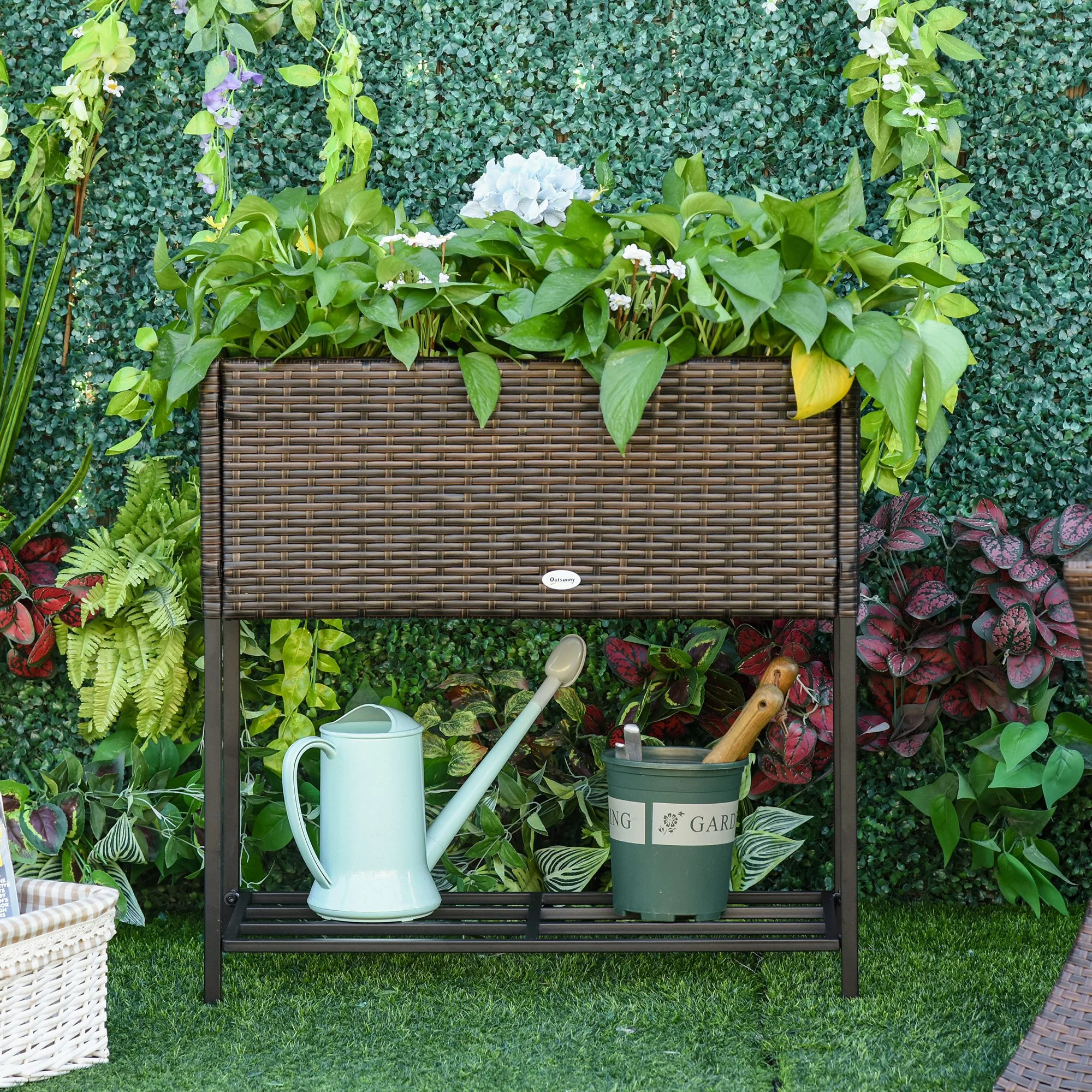 PE Rattan Raised Planter Bed with Tool Storage Shelf for Plants, Flowers, Herbs, Brown - Image 4