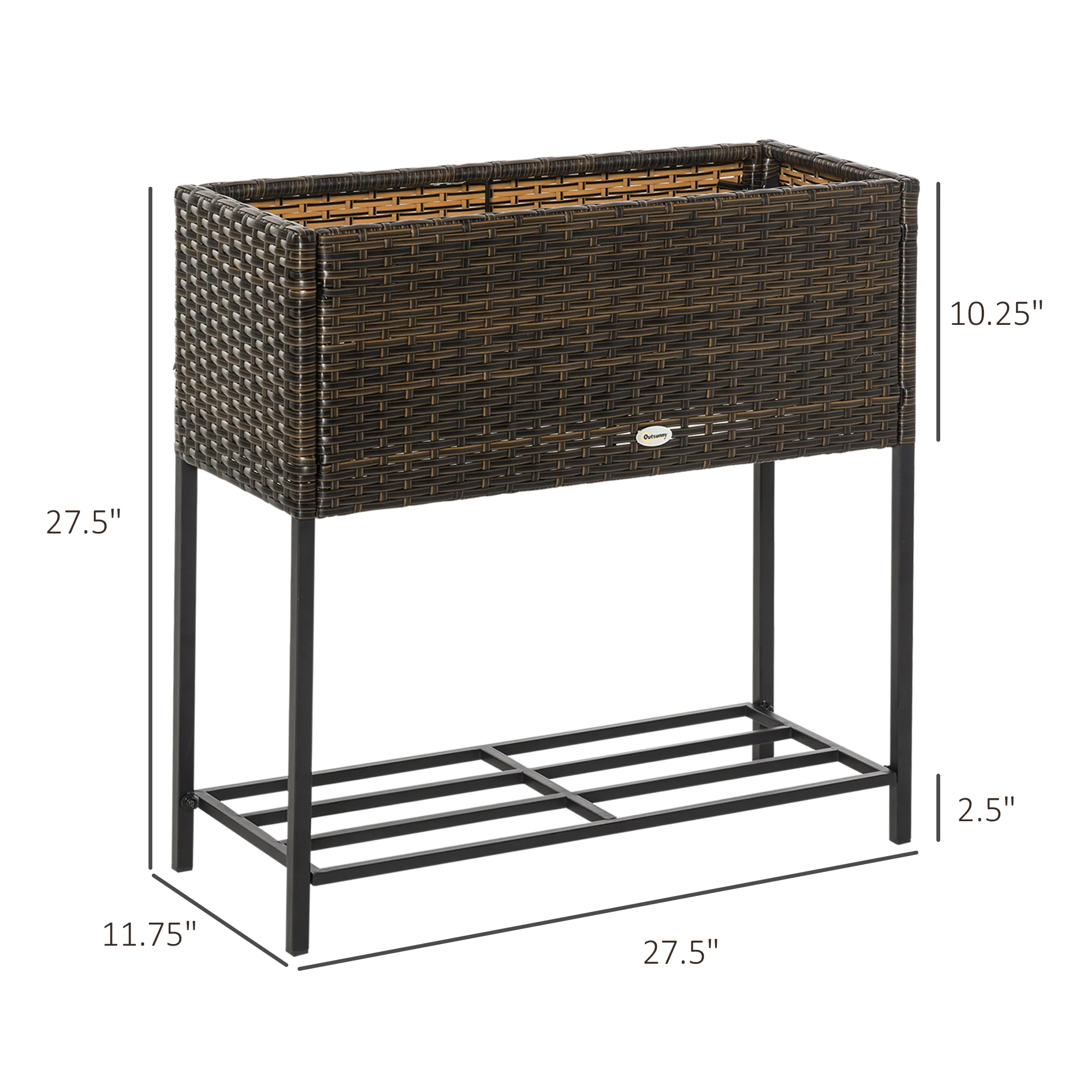 PE Rattan Raised Planter Bed with Tool Storage Shelf for Plants, Flowers, Herbs, Brown - Image 5