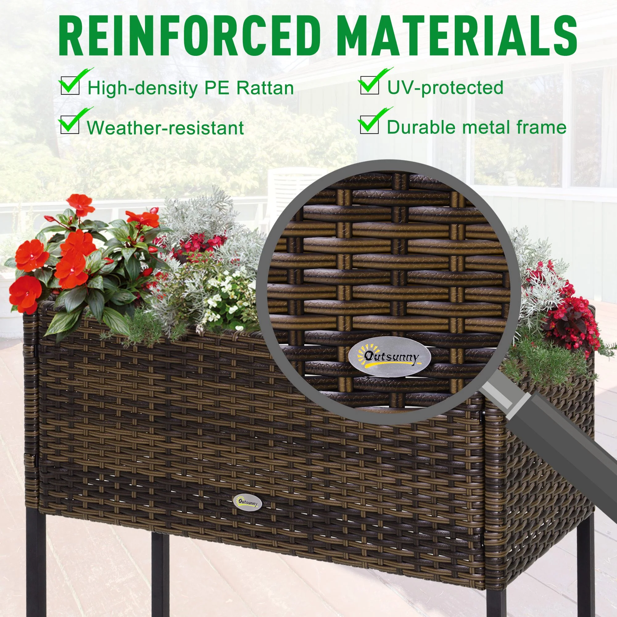 PE Rattan Raised Planter Bed with Tool Storage Shelf for Plants, Flowers, Herbs, Brown - Image 7