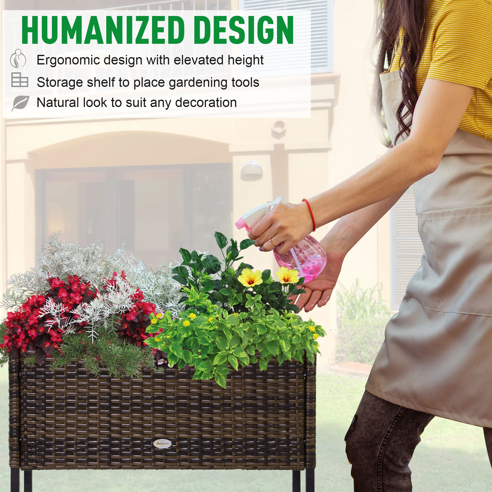 PE Rattan Raised Planter Bed with Tool Storage Shelf for Plants, Flowers, Herbs, Brown - Image 8