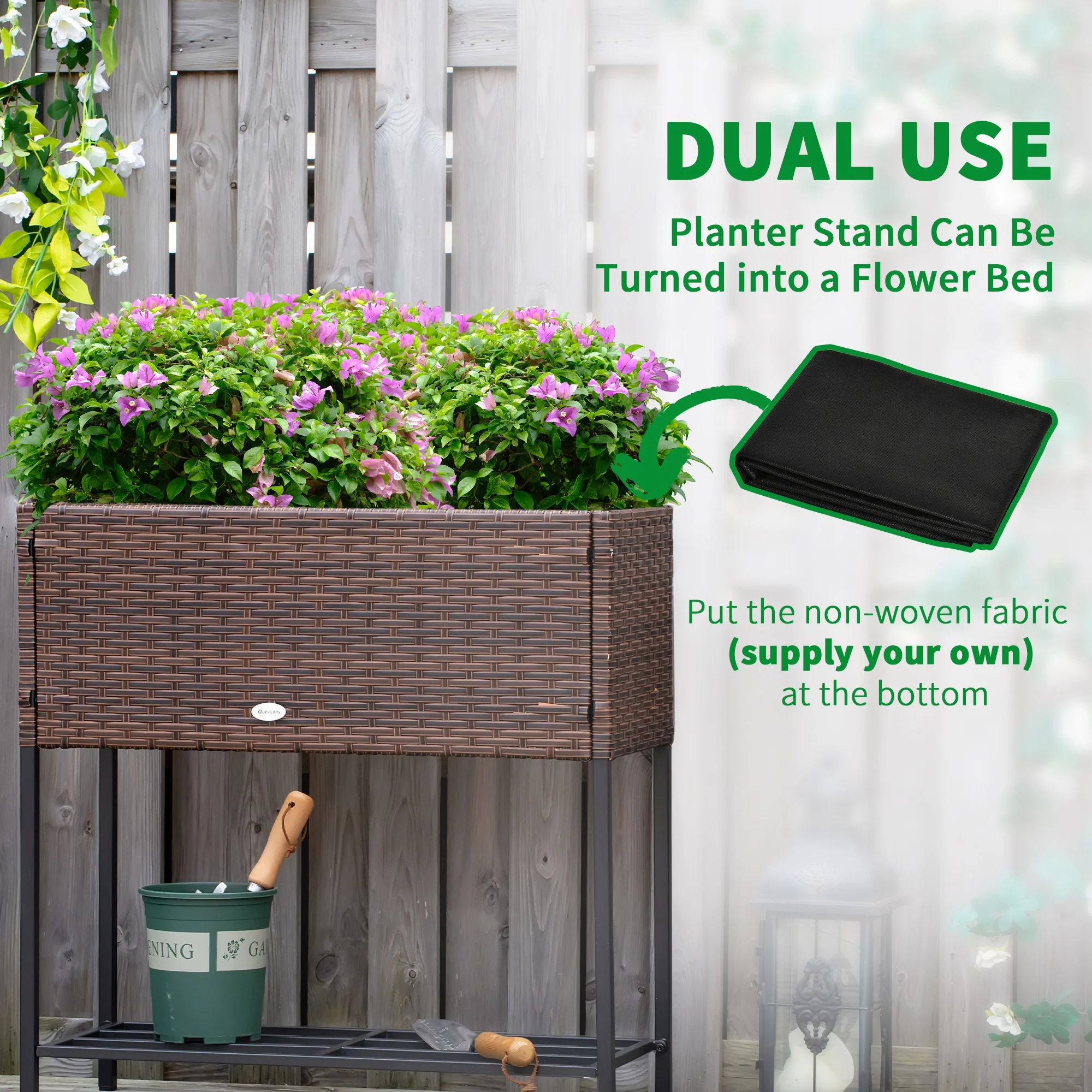 PE Rattan Raised Planter Bed with Tool Storage Shelf for Plants, Flowers, Herbs, Brown - Image 9