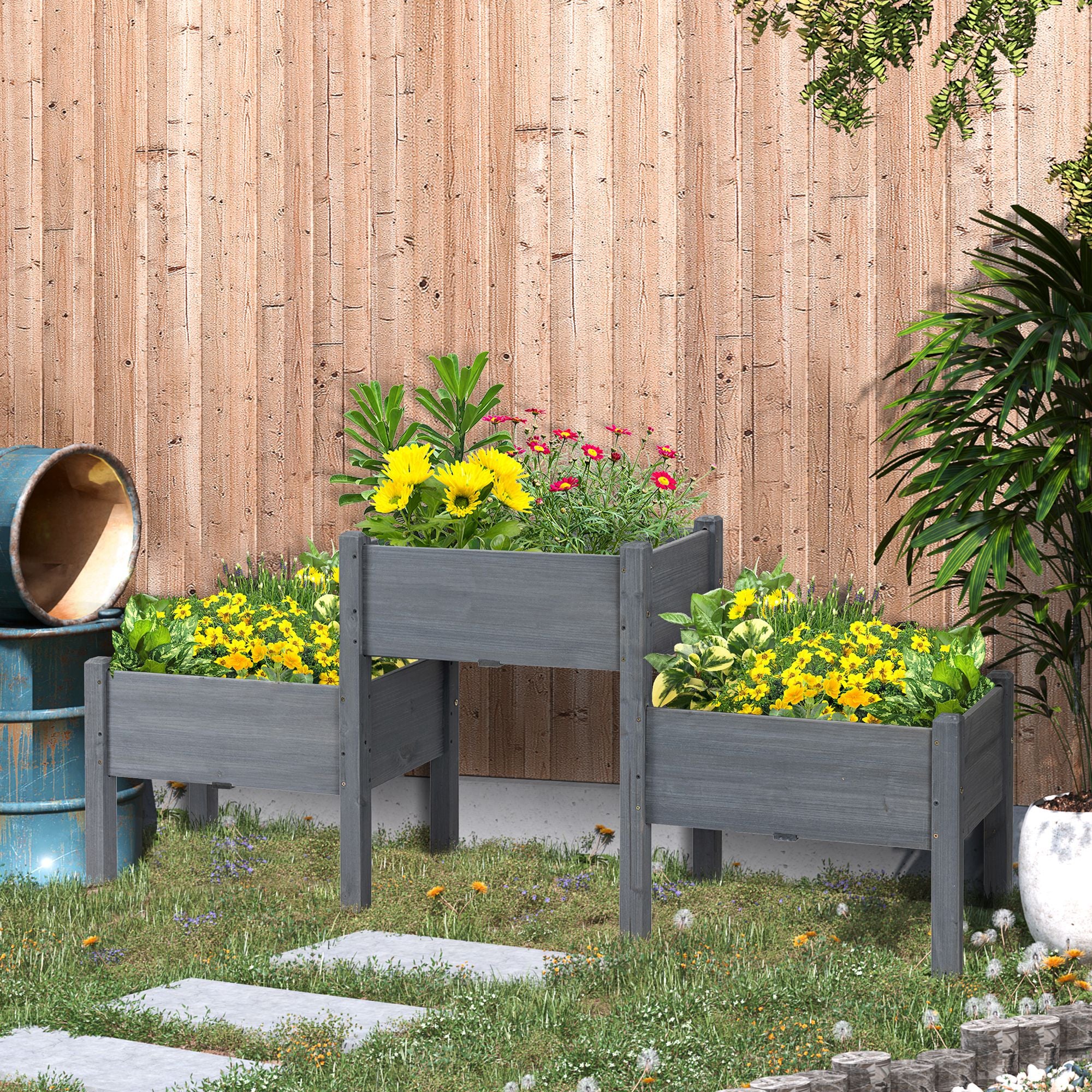 3Tier Wooden Raised Garden Bed with 3 Planter Boxes for Herbs, Flowers, 73x18x32'', Gray - Image 3