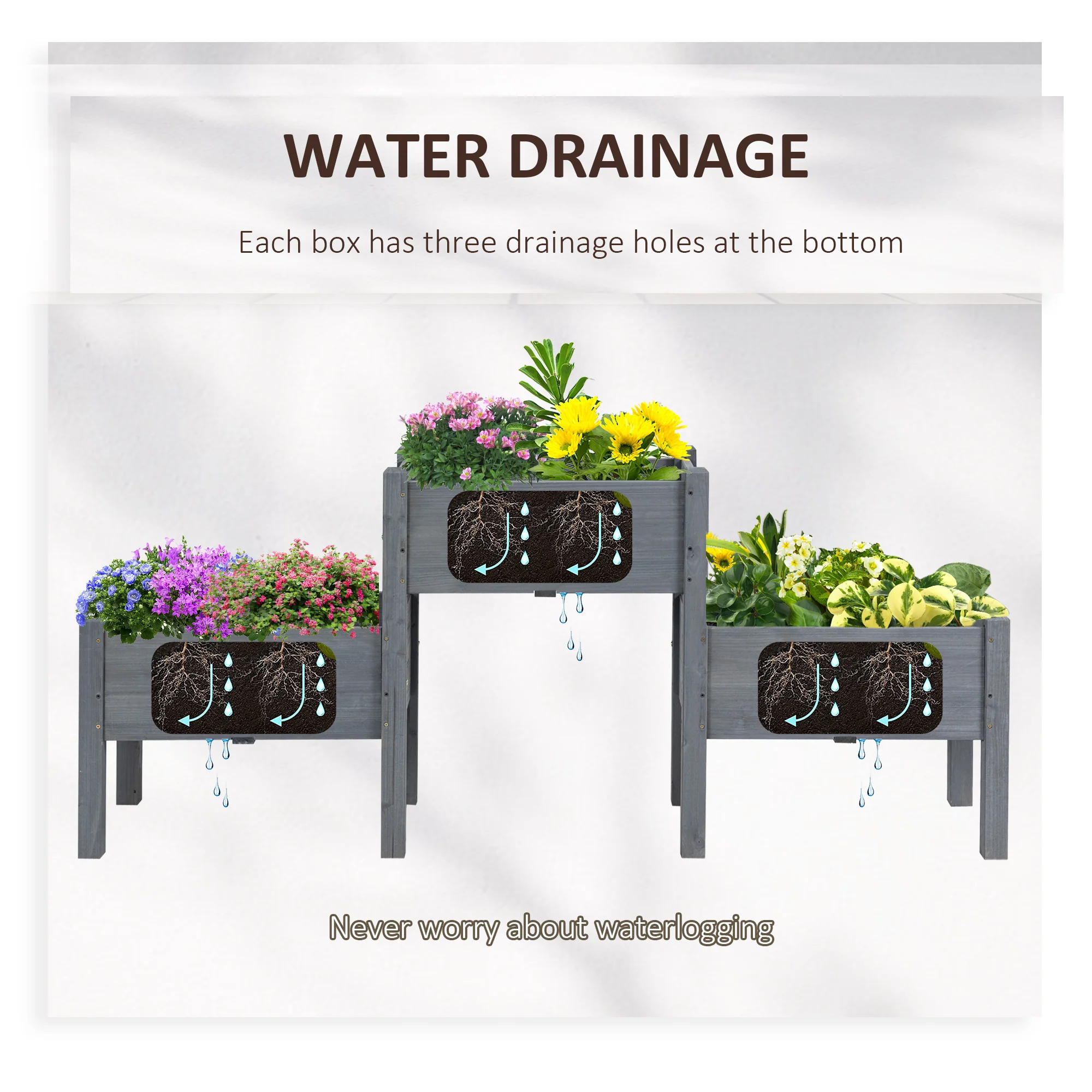 3Tier Wooden Raised Garden Bed with 3 Planter Boxes for Herbs, Flowers, 73x18x32'', Gray - Image 8