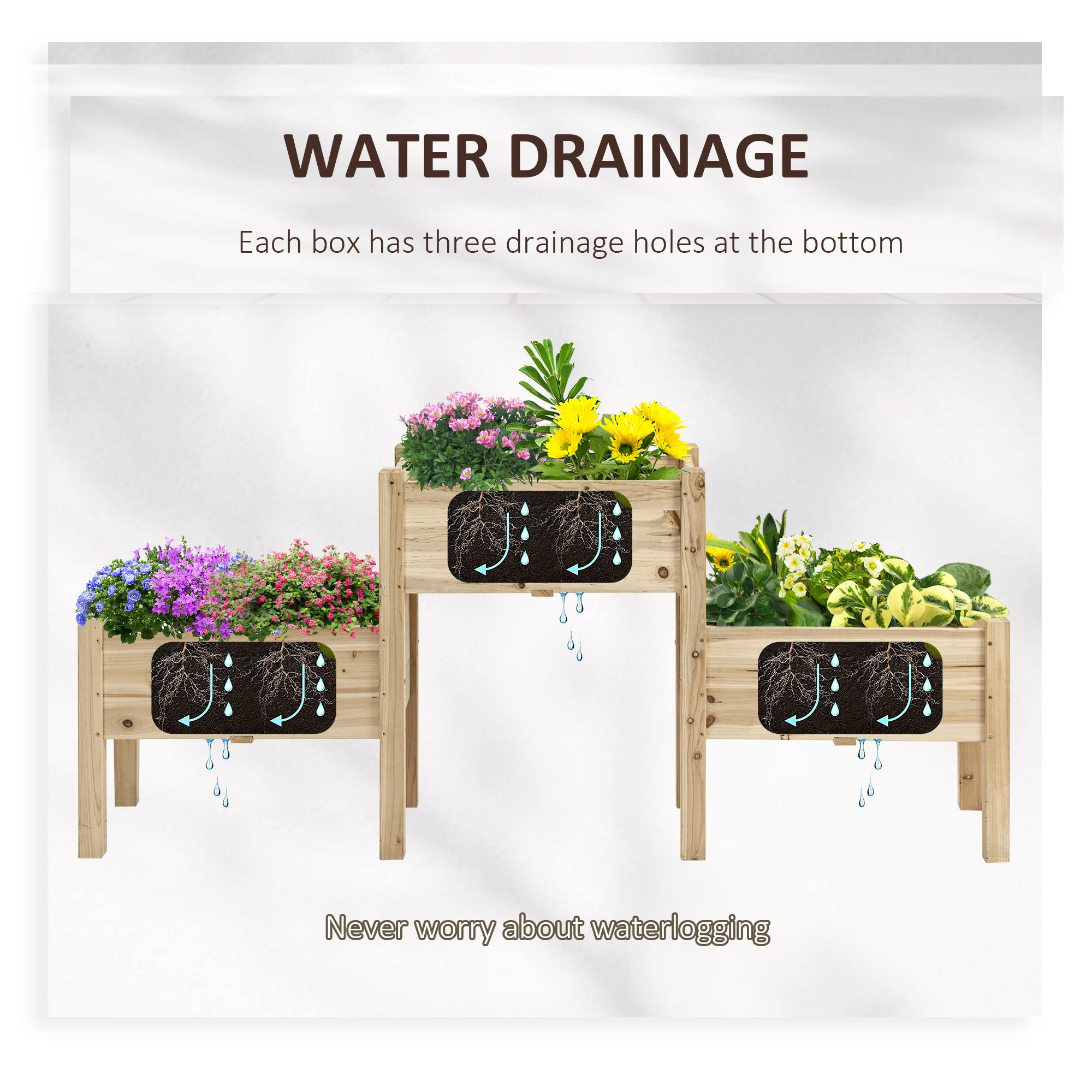 3-Tier Wooden Raised Garden Bed with 3 Planter Boxes for Herbs, Flowers, 73x18x32'', Natural - Image 6