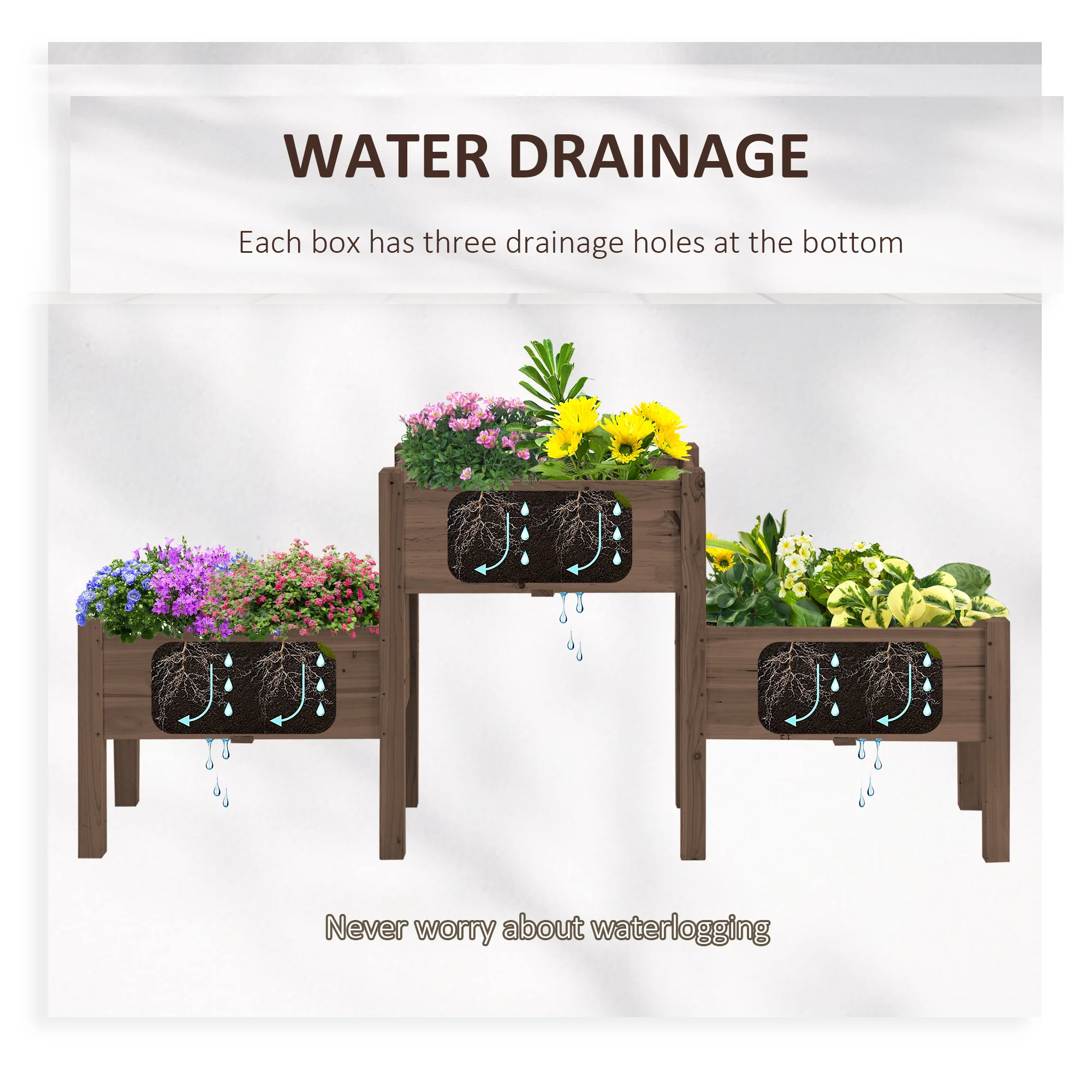 3-Tier Wooden Raised Garden Bed with 3 Planter Boxes for Herbs, Flowers, 73x18x32'', Coffee - Image 6