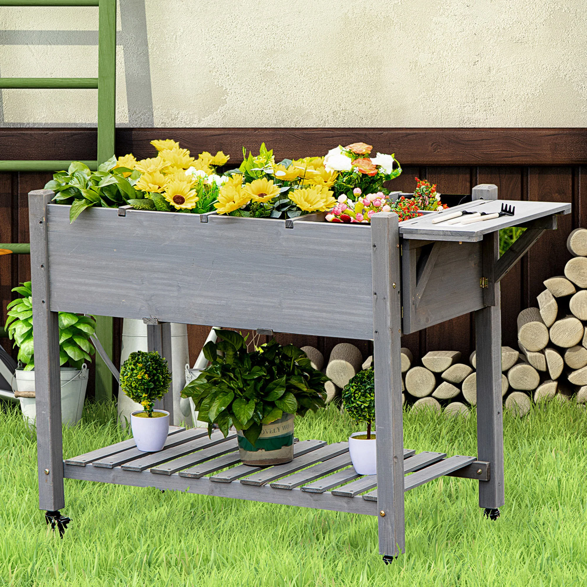 Elevated Garden Bed with 8 Grow Grids, with Storage Shelf & Lockable Wheels, Gray - Image 3