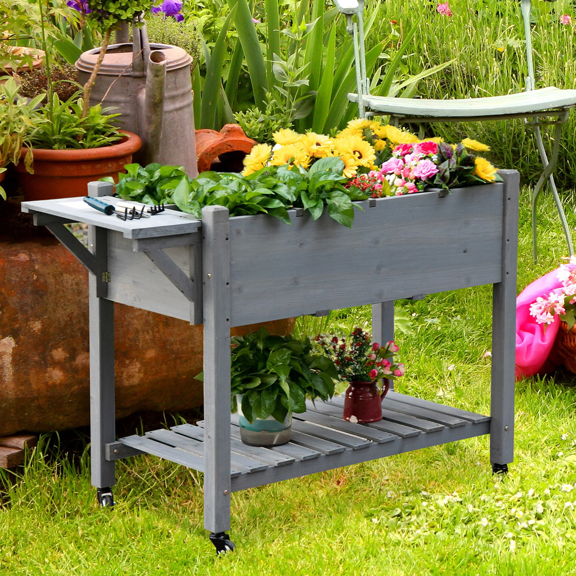 Elevated Garden Bed with 8 Grow Grids, with Storage Shelf & Lockable Wheels, Gray - Image 4