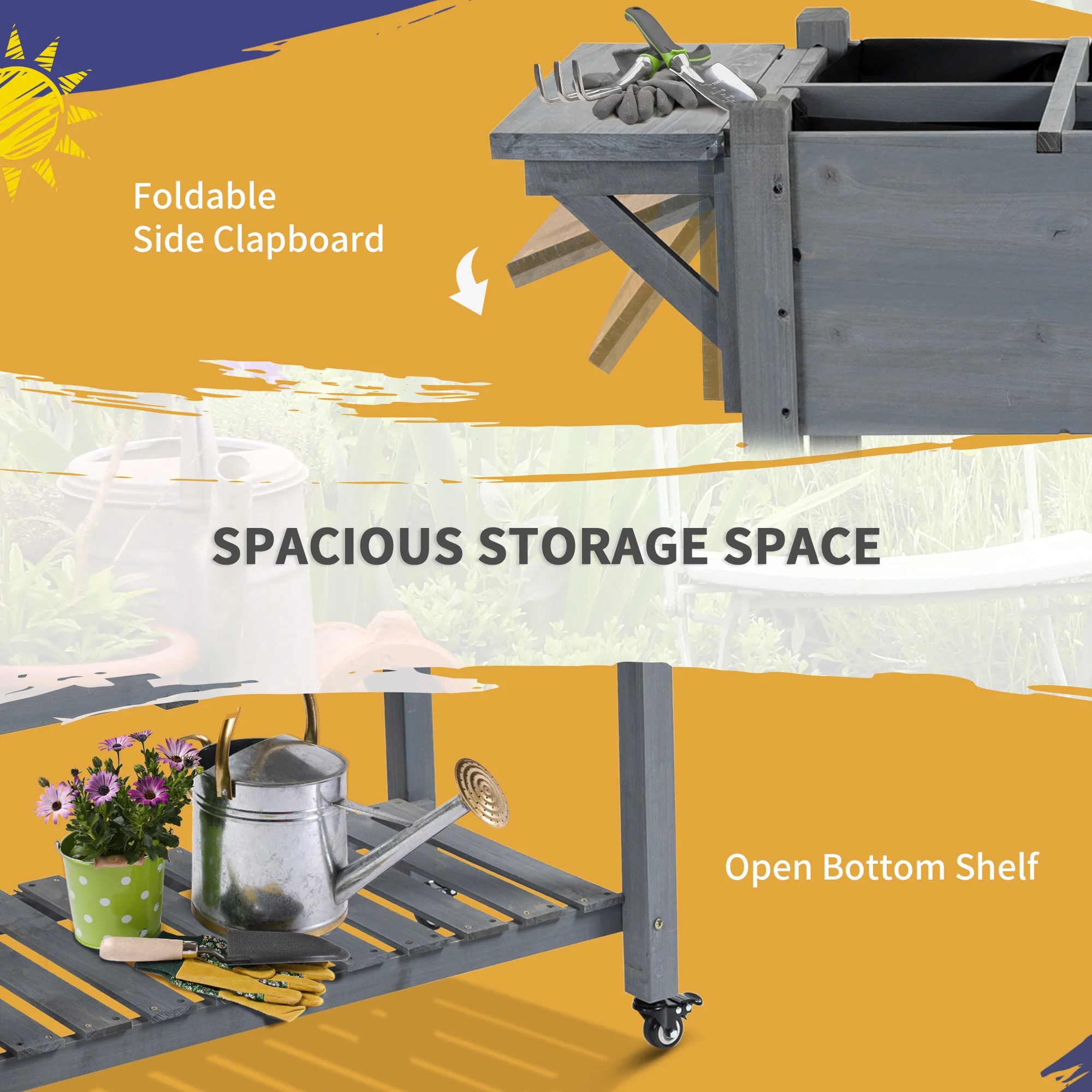 Elevated Garden Bed with 8 Grow Grids, with Storage Shelf & Lockable Wheels, Gray - Image 9