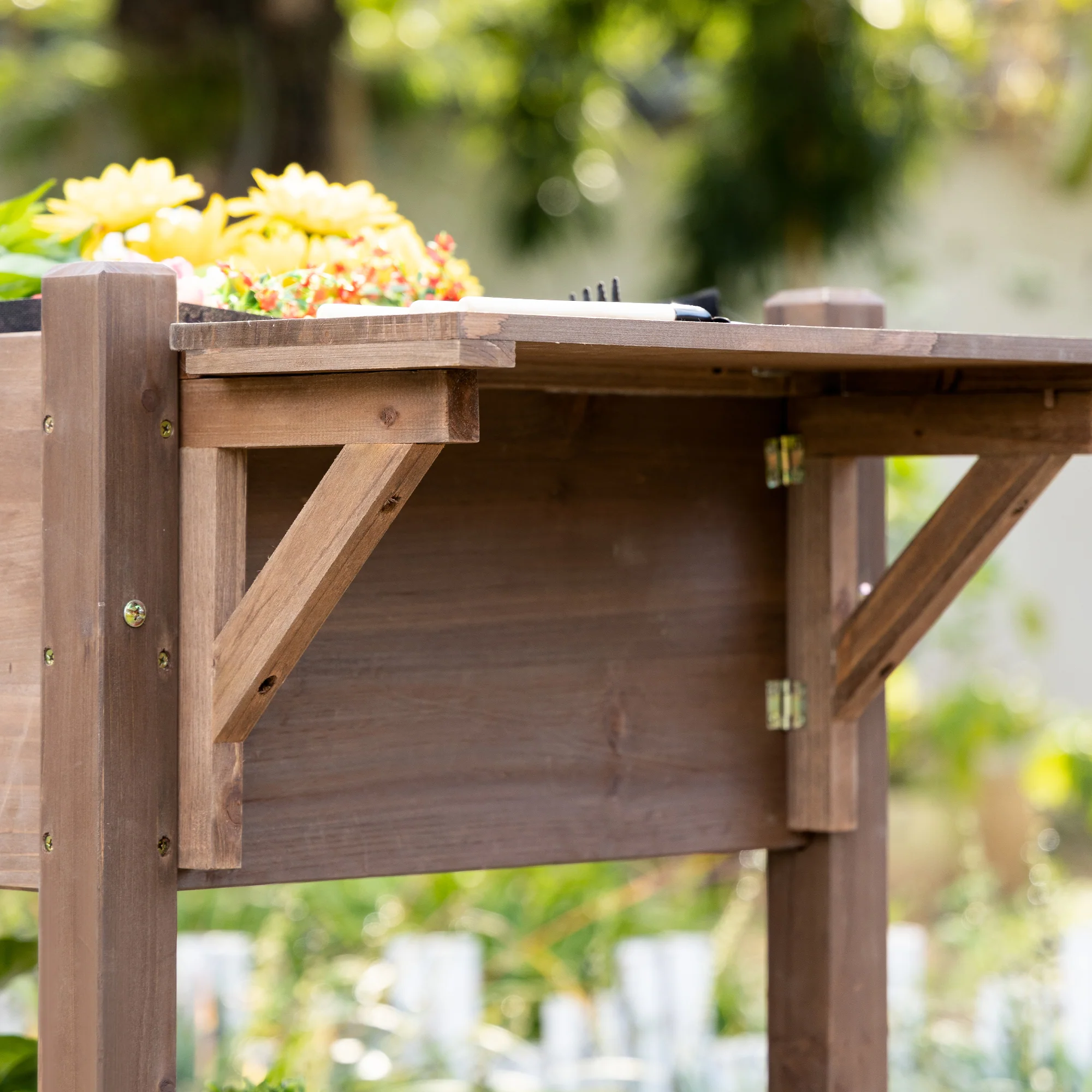 Elevated Garden Bed with 8 Grow Grids, with Storage Shelf & Lockable Wheels, Brown - Image 10