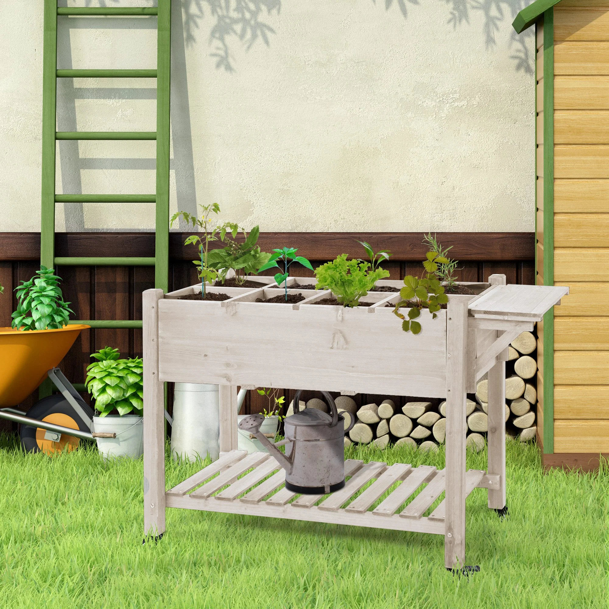Elevated Garden Bed with 8 Grow Grids, with Storage Shelf & Lockable Wheels, Natural - Image 3