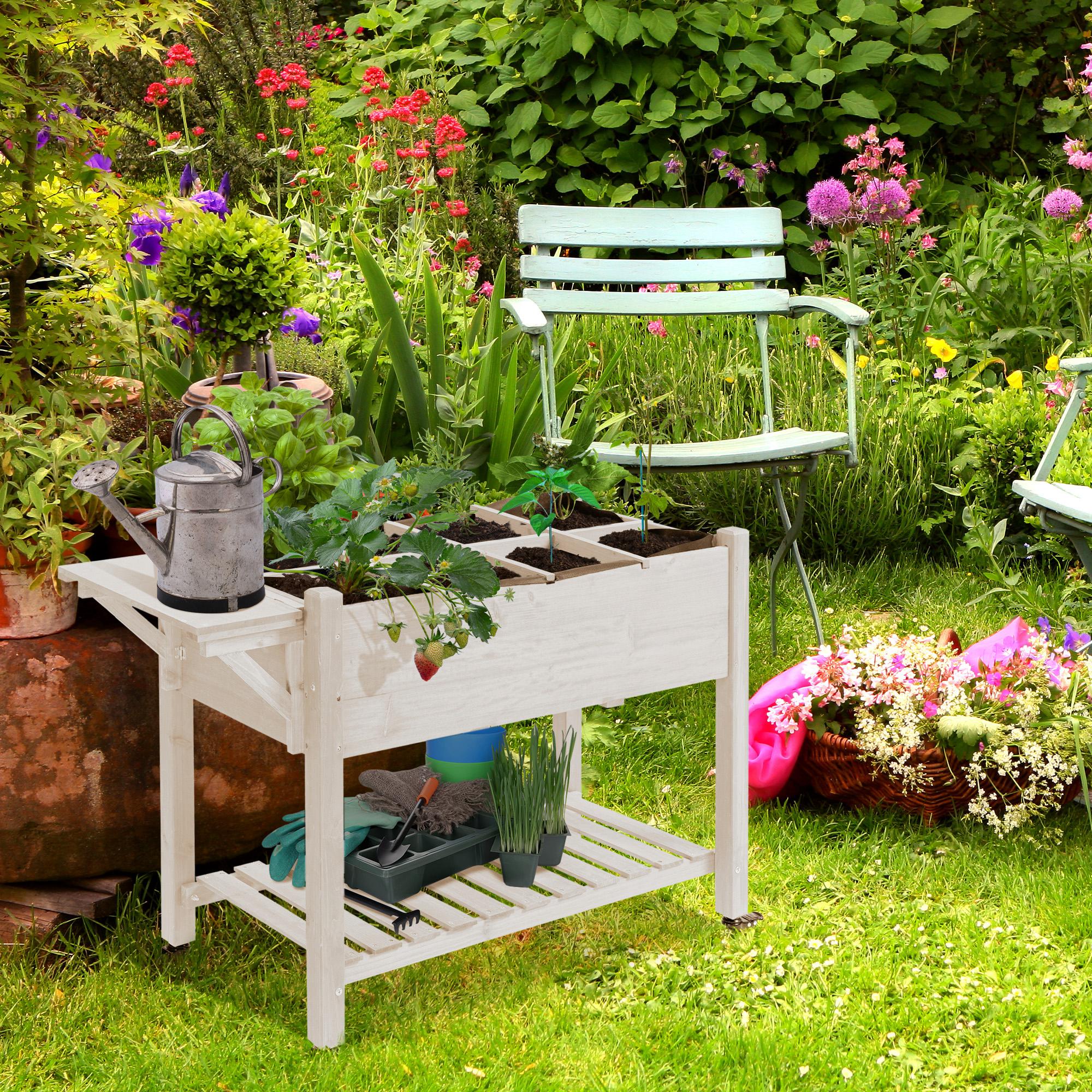 Elevated Garden Bed with 8 Grow Grids, with Storage Shelf & Lockable Wheels, Natural - Image 4