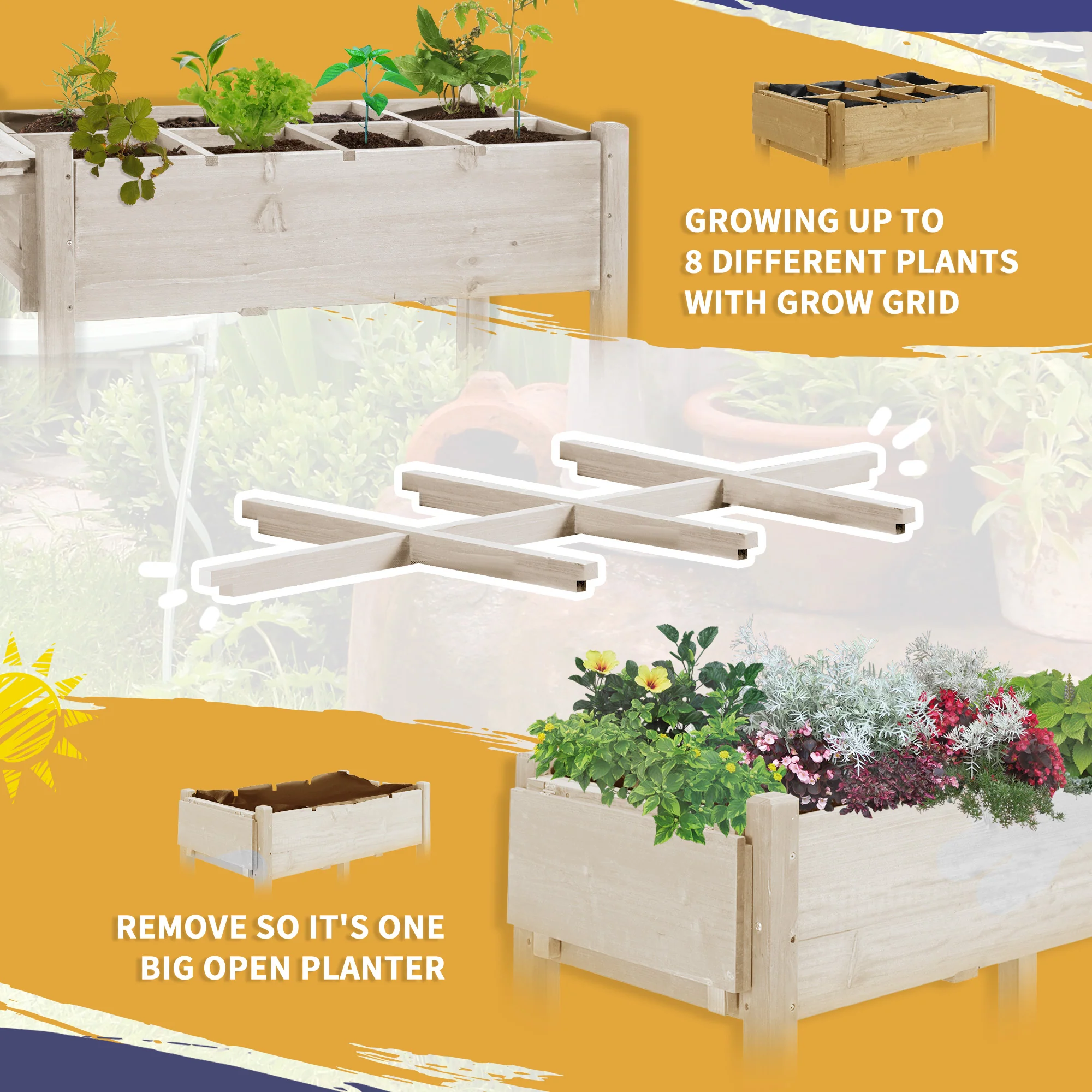 Elevated Garden Bed with 8 Grow Grids, with Storage Shelf & Lockable Wheels, Natural - Image 6