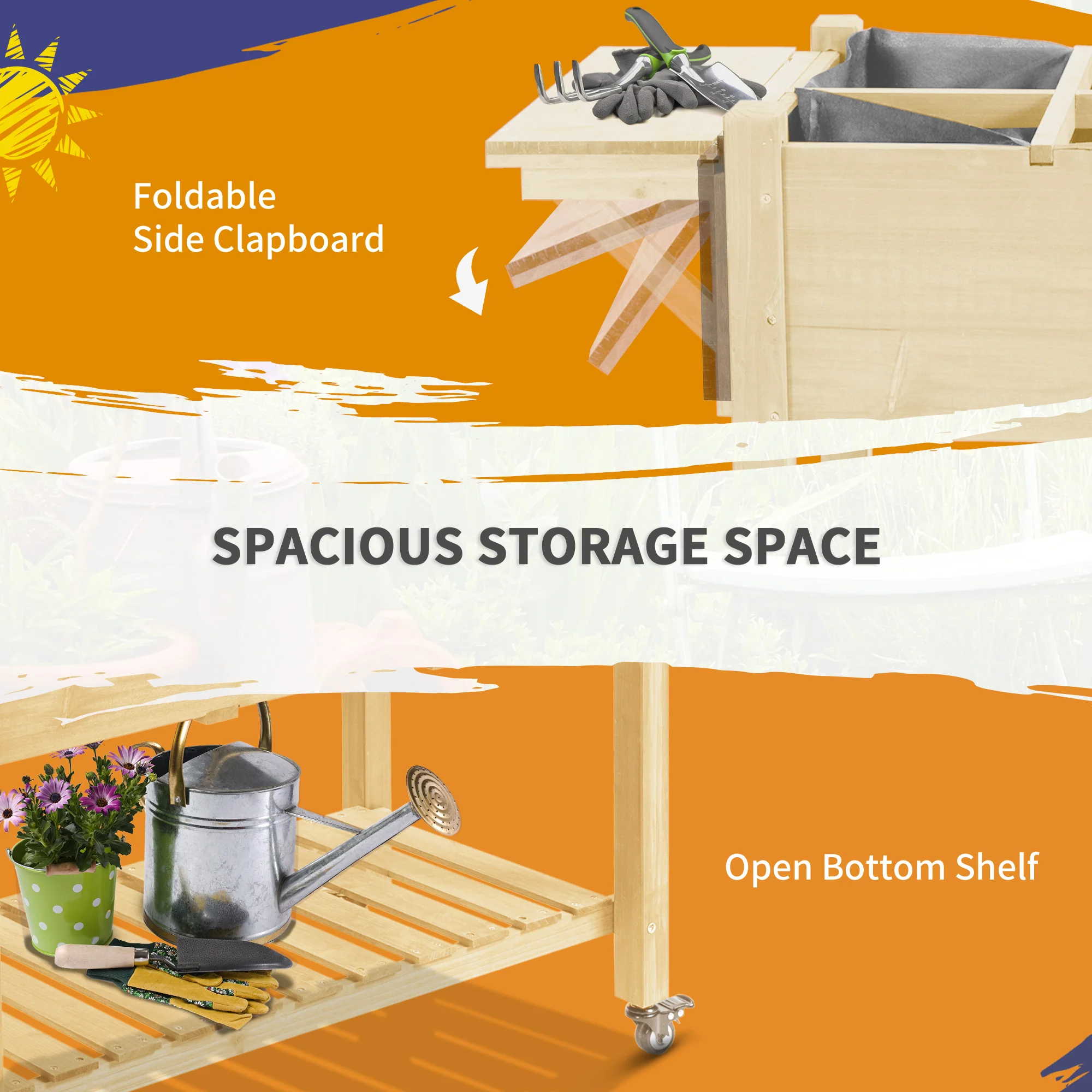 Elevated Garden Bed with 8 Grow Grids, with Storage Shelf & Lockable Wheels, Natural - Image 9