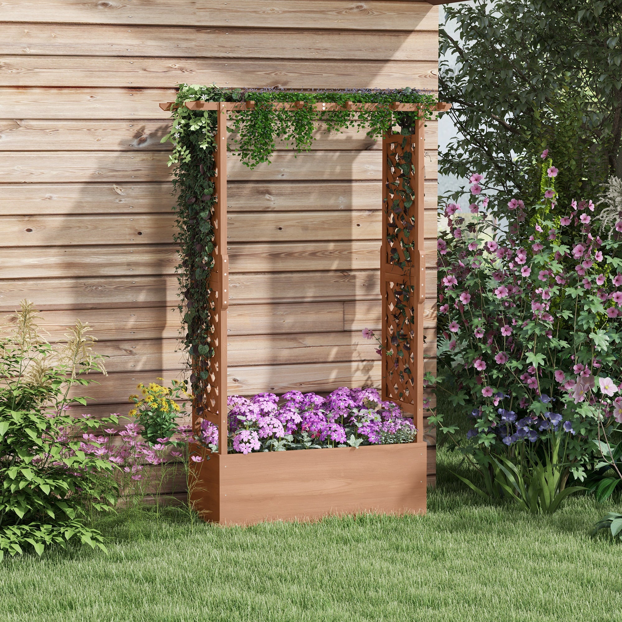 Raised Garden Bed with Arch Trellis for Vine Climbing Plants, Hanging Flowers, 70.75" Tall Outdoor Wood Planter Box with Drainage Hole & Fabric Filter for Backyard, Patio, Brown - Image 3