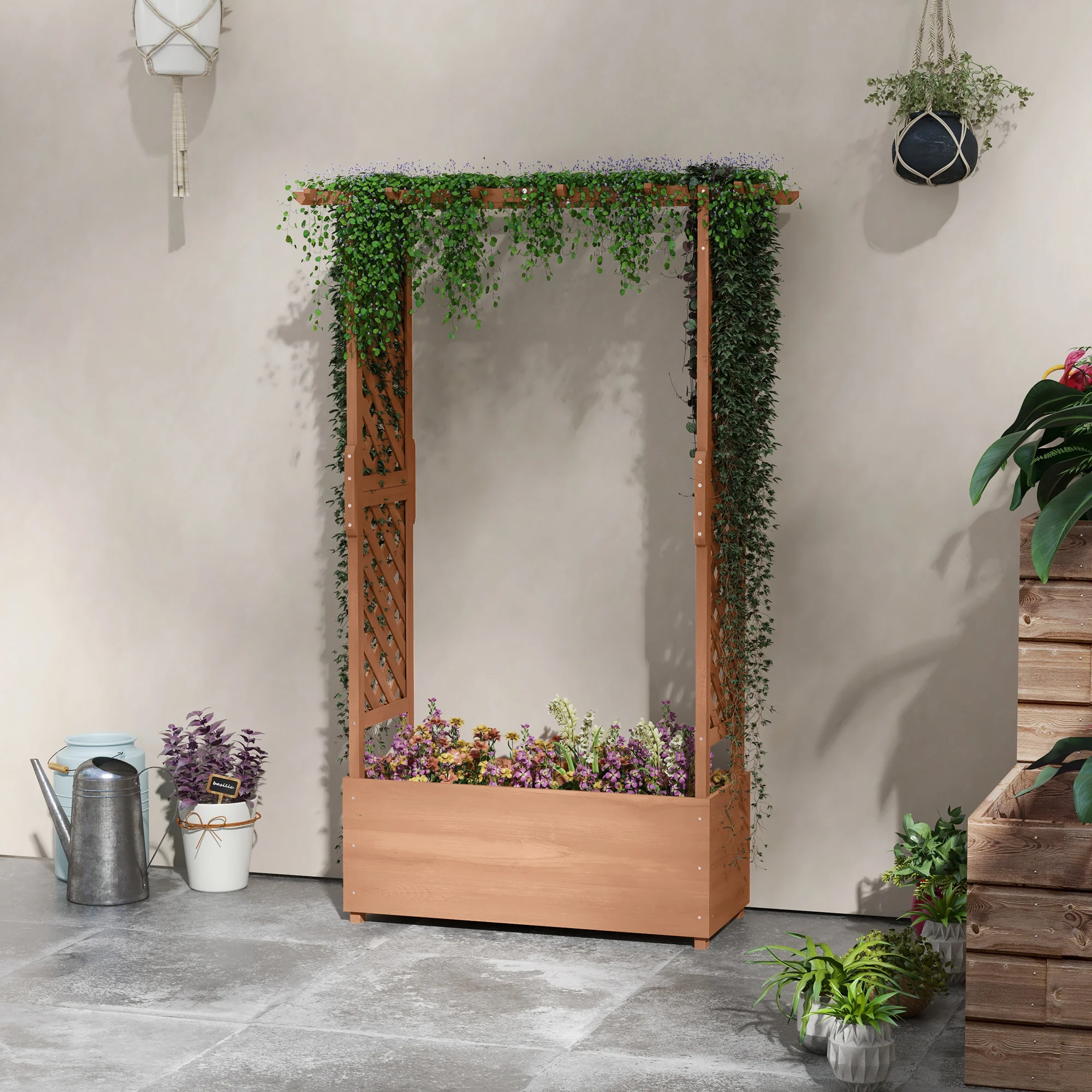 Raised Garden Bed with Arch Trellis for Vine Climbing Plants, Hanging Flowers, 70.75" Tall Outdoor Wood Planter Box with Drainage Hole & Fabric Filter for Backyard, Patio, Brown - Image 4