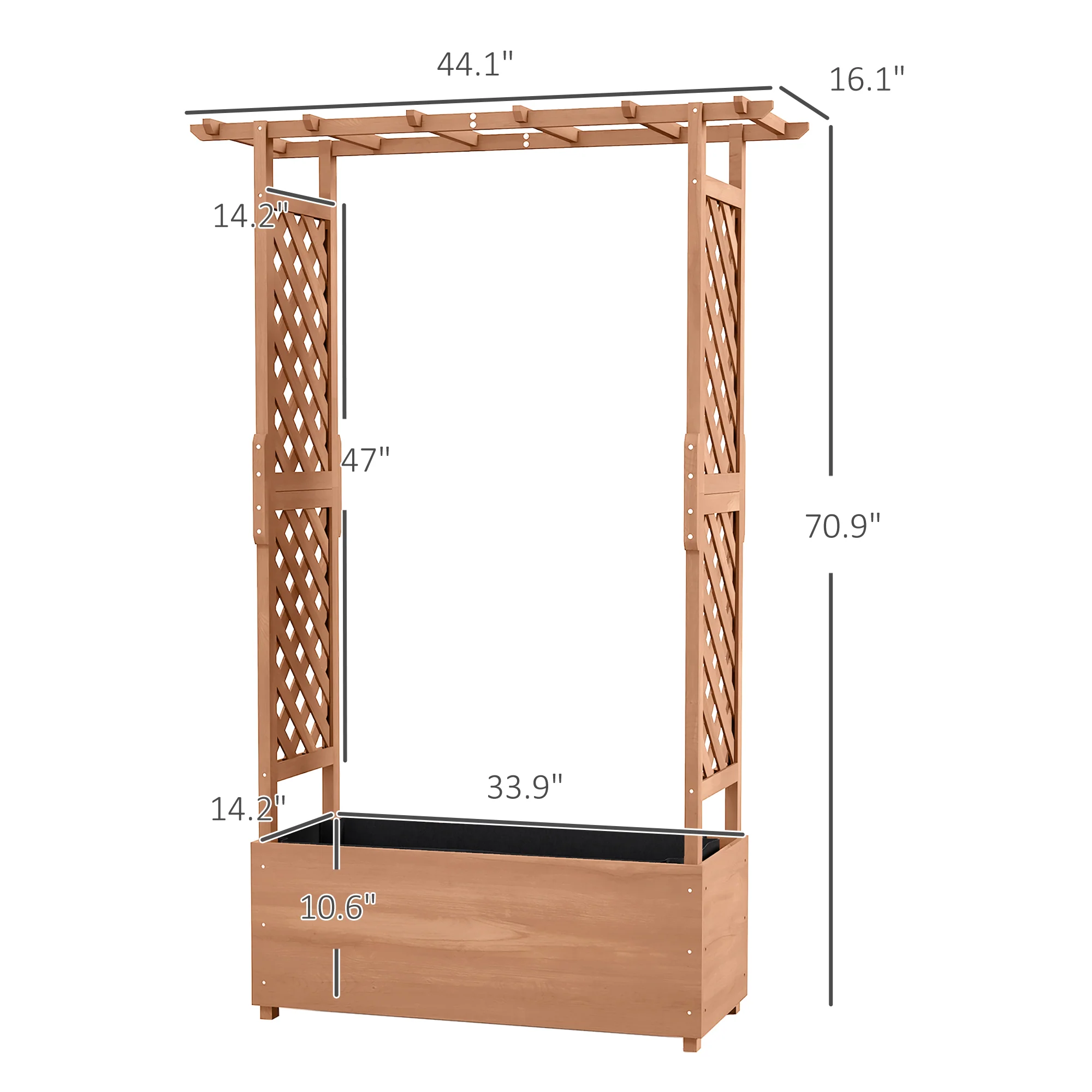 Raised Garden Bed with Arch Trellis for Vine Climbing Plants, Hanging Flowers, 70.75" Tall Outdoor Wood Planter Box with Drainage Hole & Fabric Filter for Backyard, Patio, Brown - Image 5