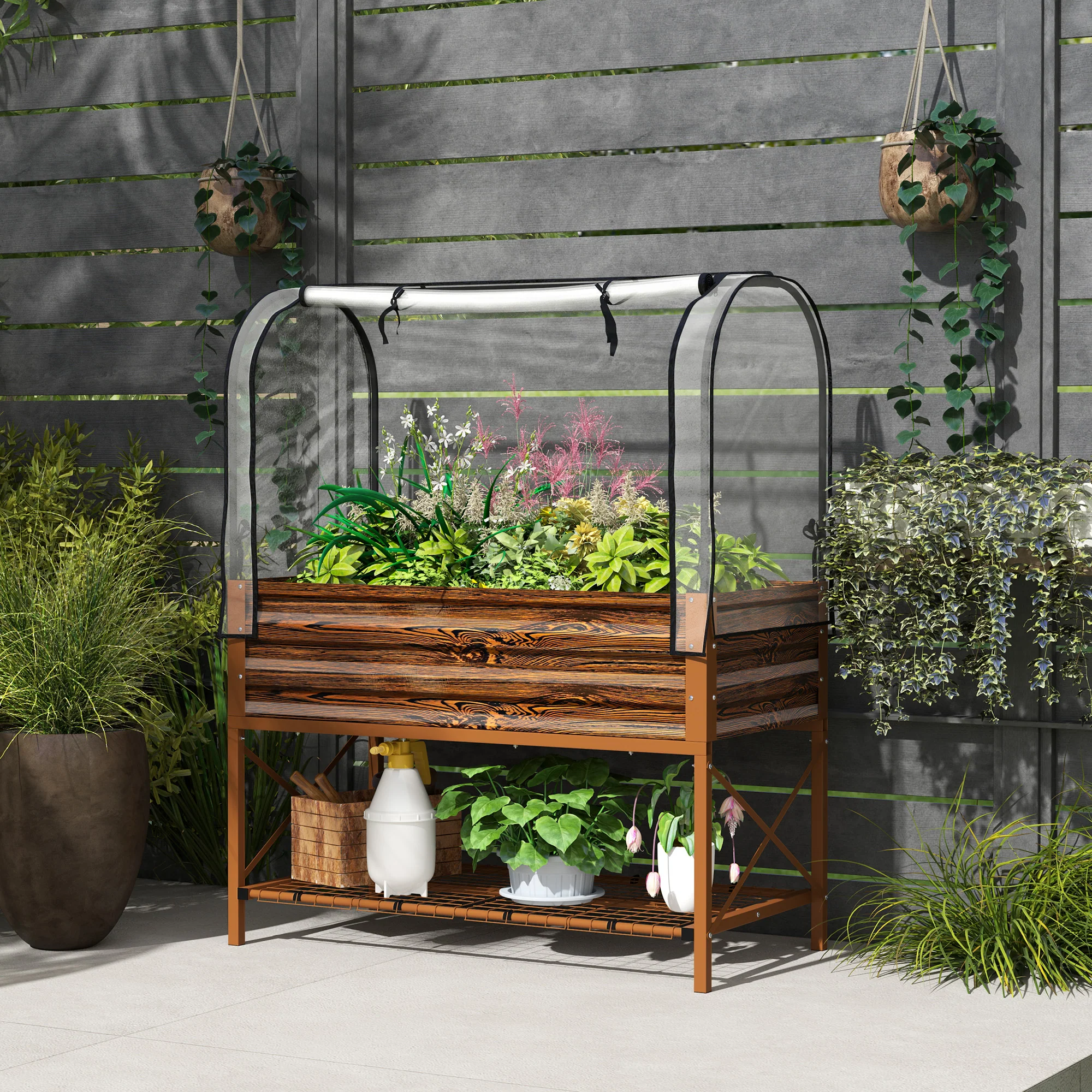 Metal Elevated Garden Bed with Cover & Bottom Shelf for Backyard, 41.75" x 21.25" x 53.25", Brown - Image 4