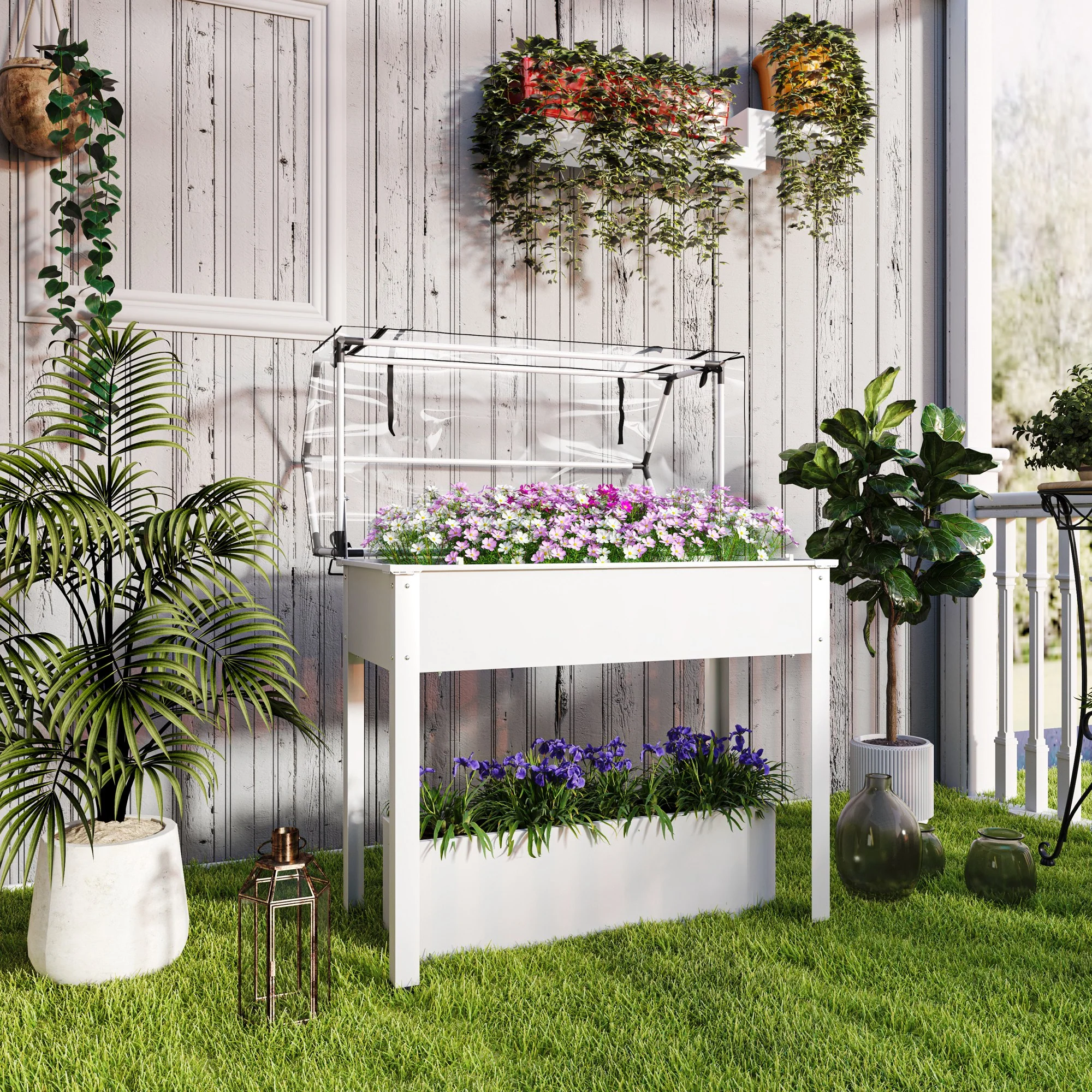 Raised Garden Bed with Flip-Up Greenhouse Cover & Drainage Hole for Plants or Vegetables, White - Image 3