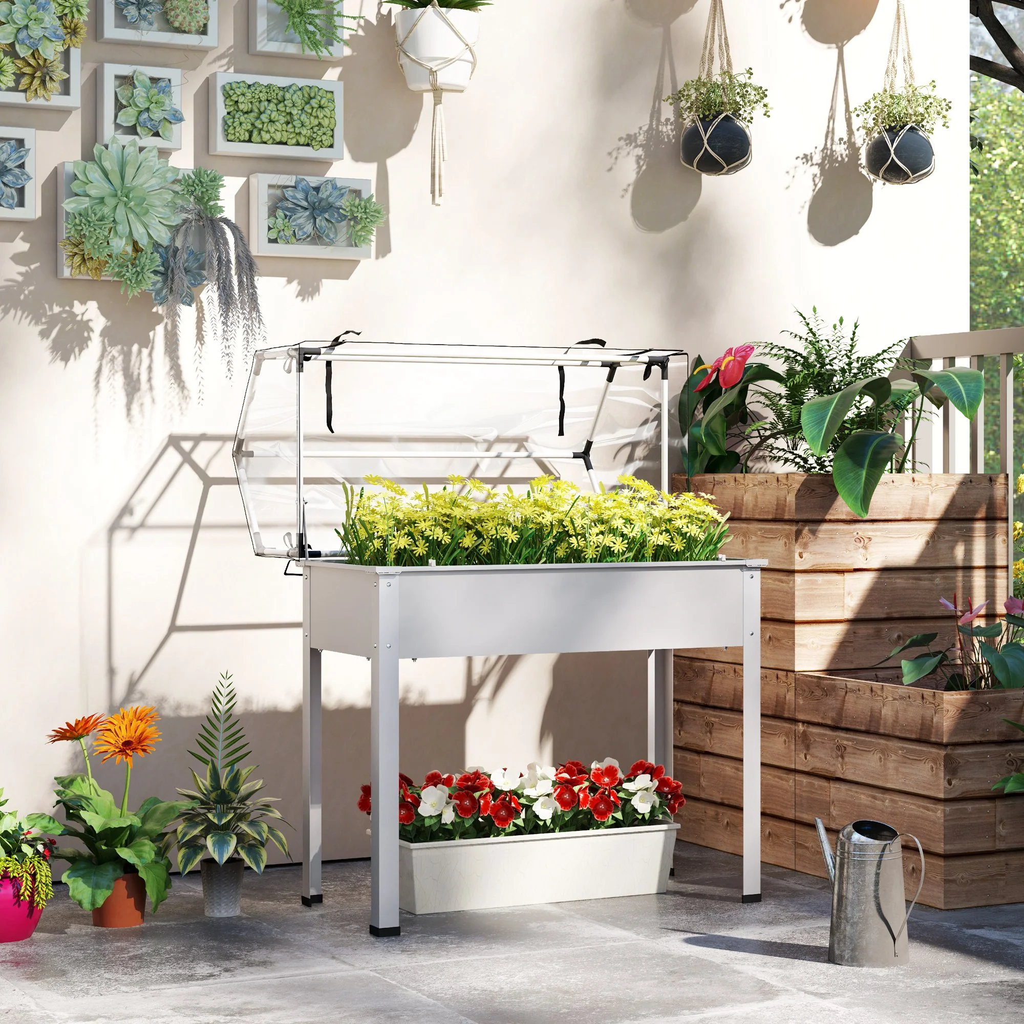 Raised Garden Bed with Flip-Up Greenhouse Cover & Drainage Hole for Plants or Vegetables, White - Image 4