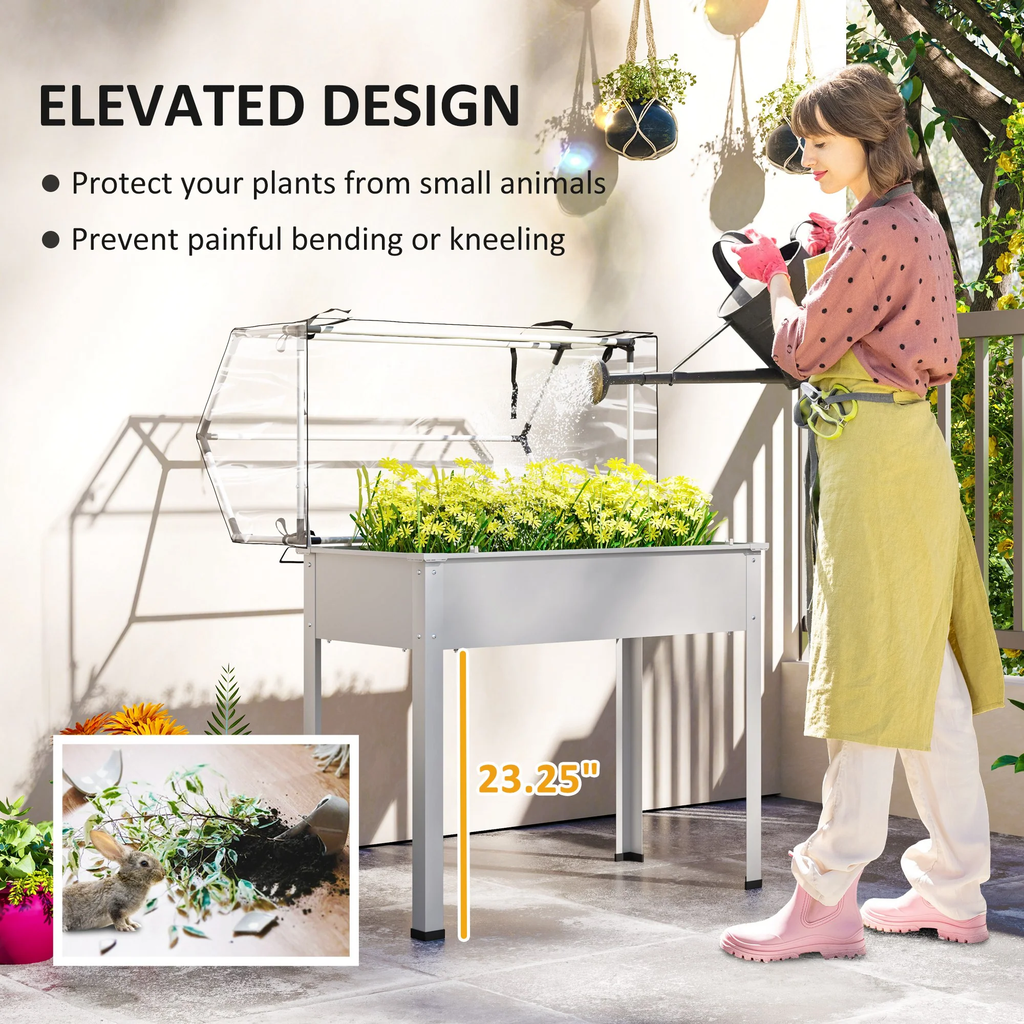 Raised Garden Bed with Flip-Up Greenhouse Cover & Drainage Hole for Plants or Vegetables, White - Image 7