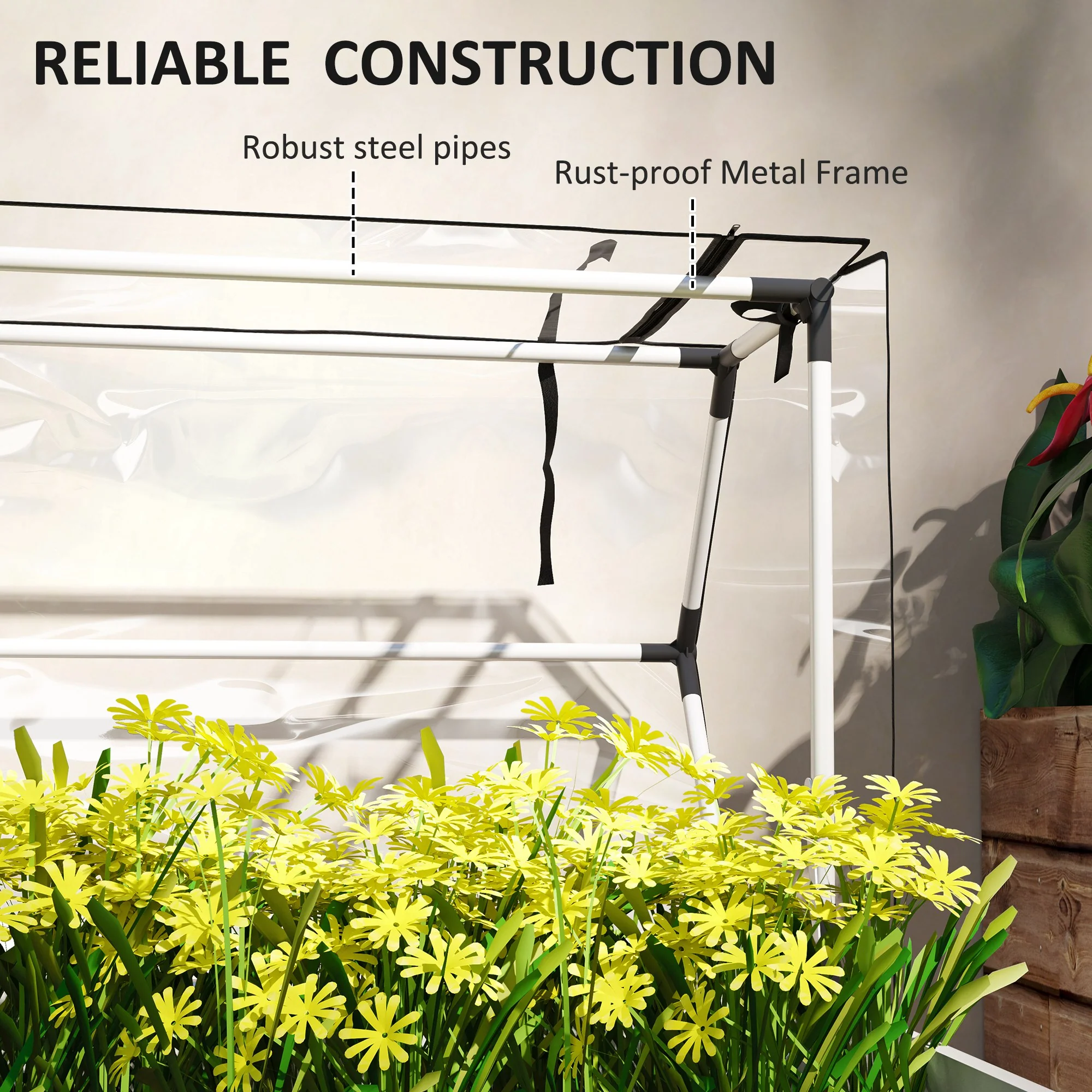 Raised Garden Bed with Flip-Up Greenhouse Cover & Drainage Hole for Plants or Vegetables, White - Image 9