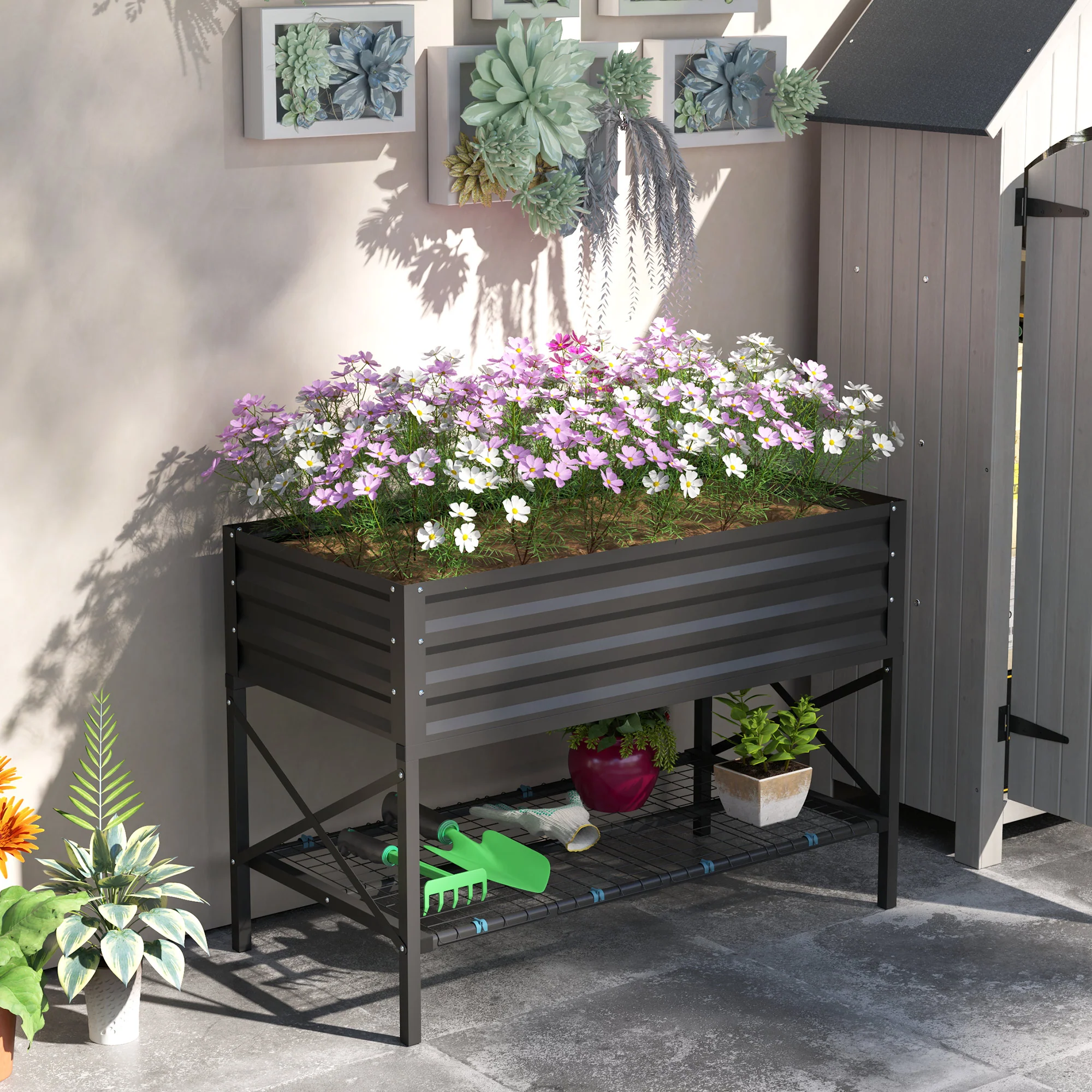 Galvanized Steel Raised Garden Bed, Planter Box with Storage Shelf & Bed Liner, Dark Gray - Image 4