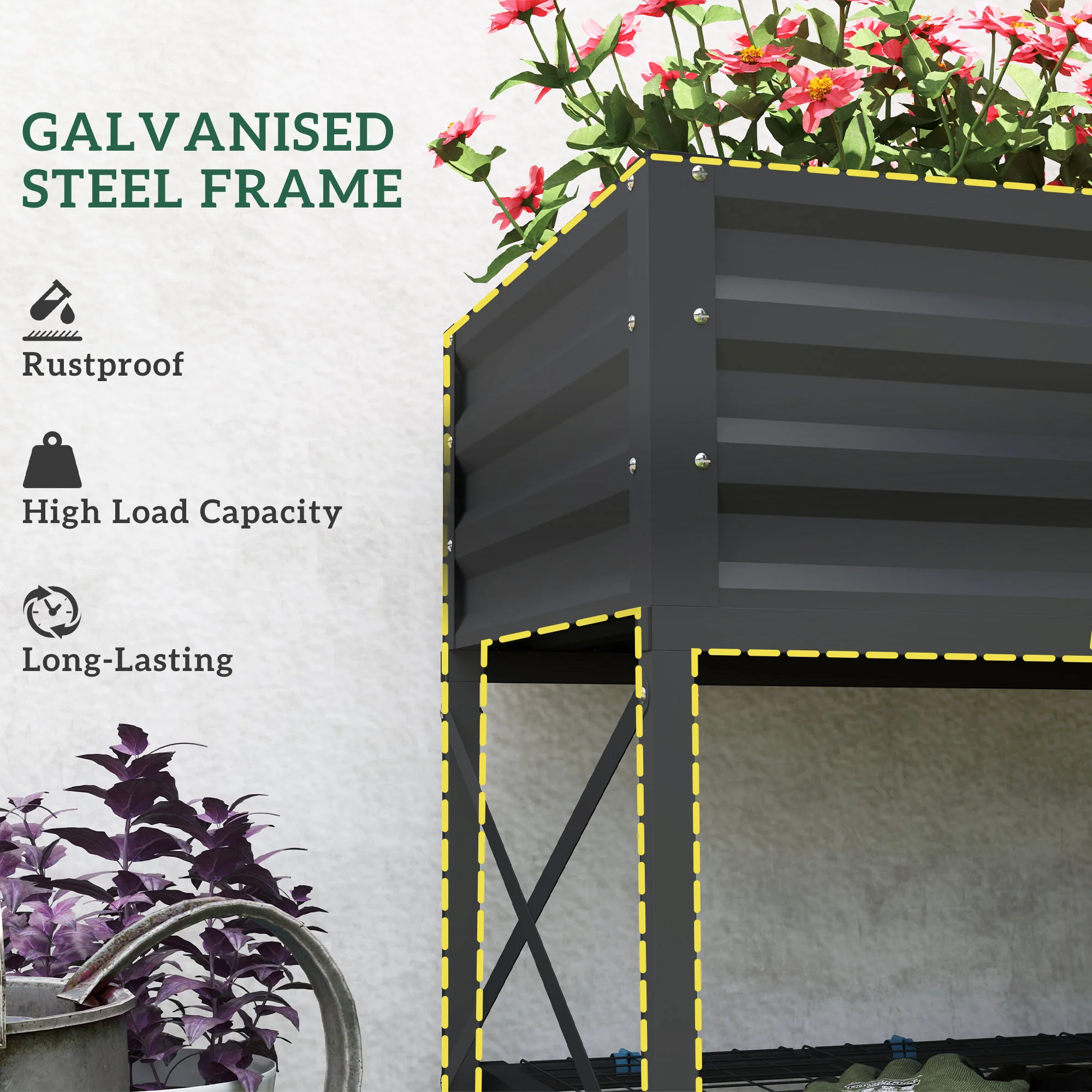 Galvanized Steel Raised Garden Bed, Planter Box with Storage Shelf & Bed Liner, Dark Gray - Image 8