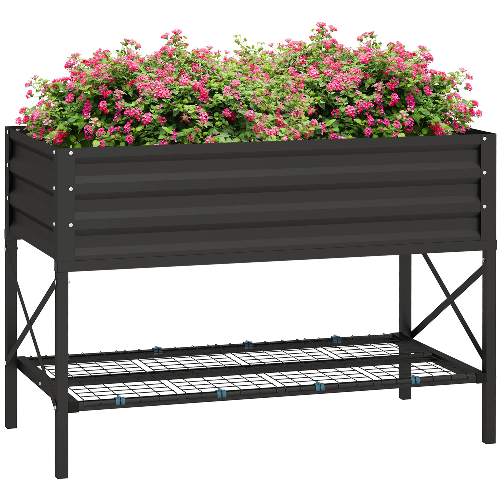 Galvanized Steel Raised Garden Bed, Planter Box with Storage Shelf & Bed Liner, Black