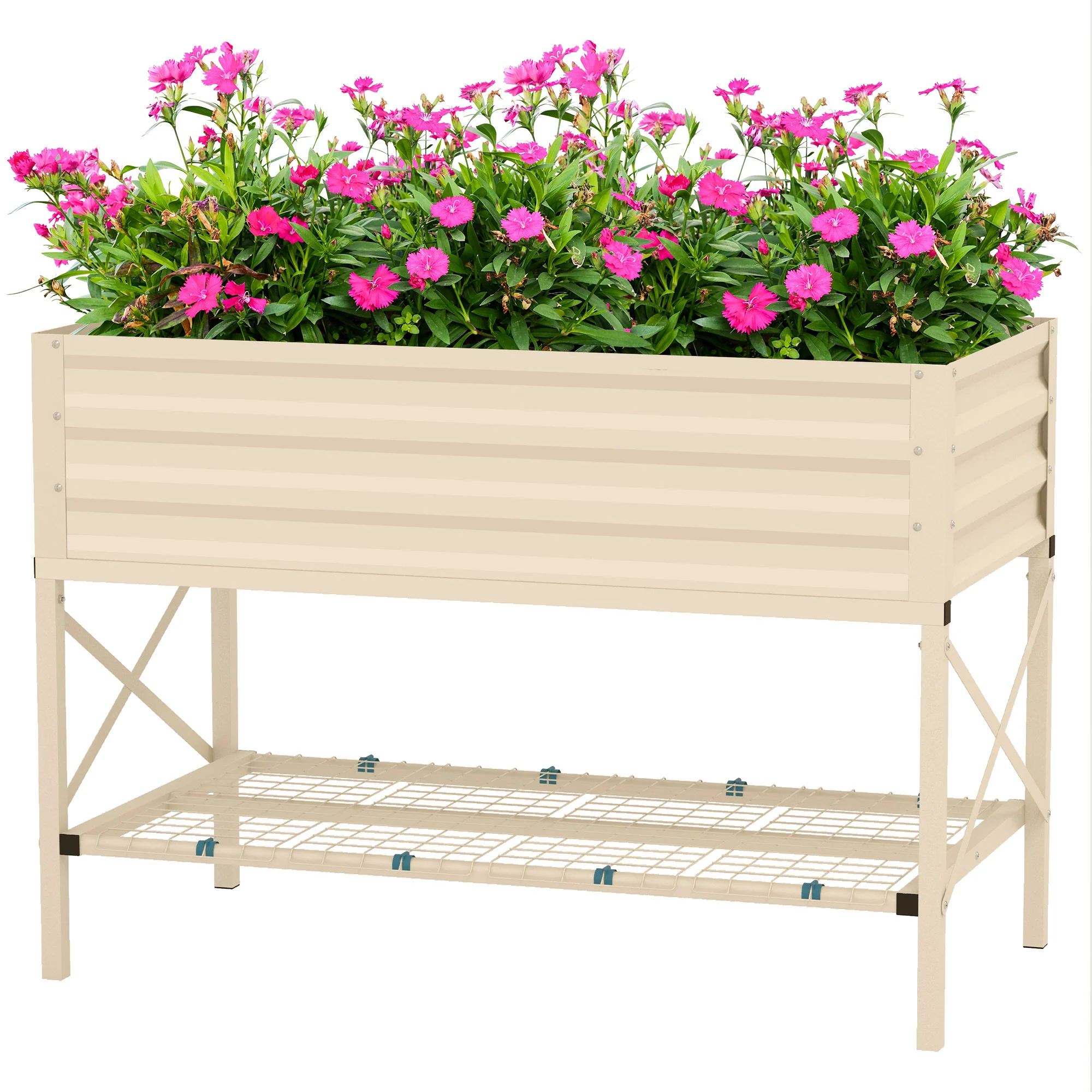 Galvanized Steel Raised Garden Bed, Planter Box with Storage Shelf & Bed Liner, Cream - Image 2