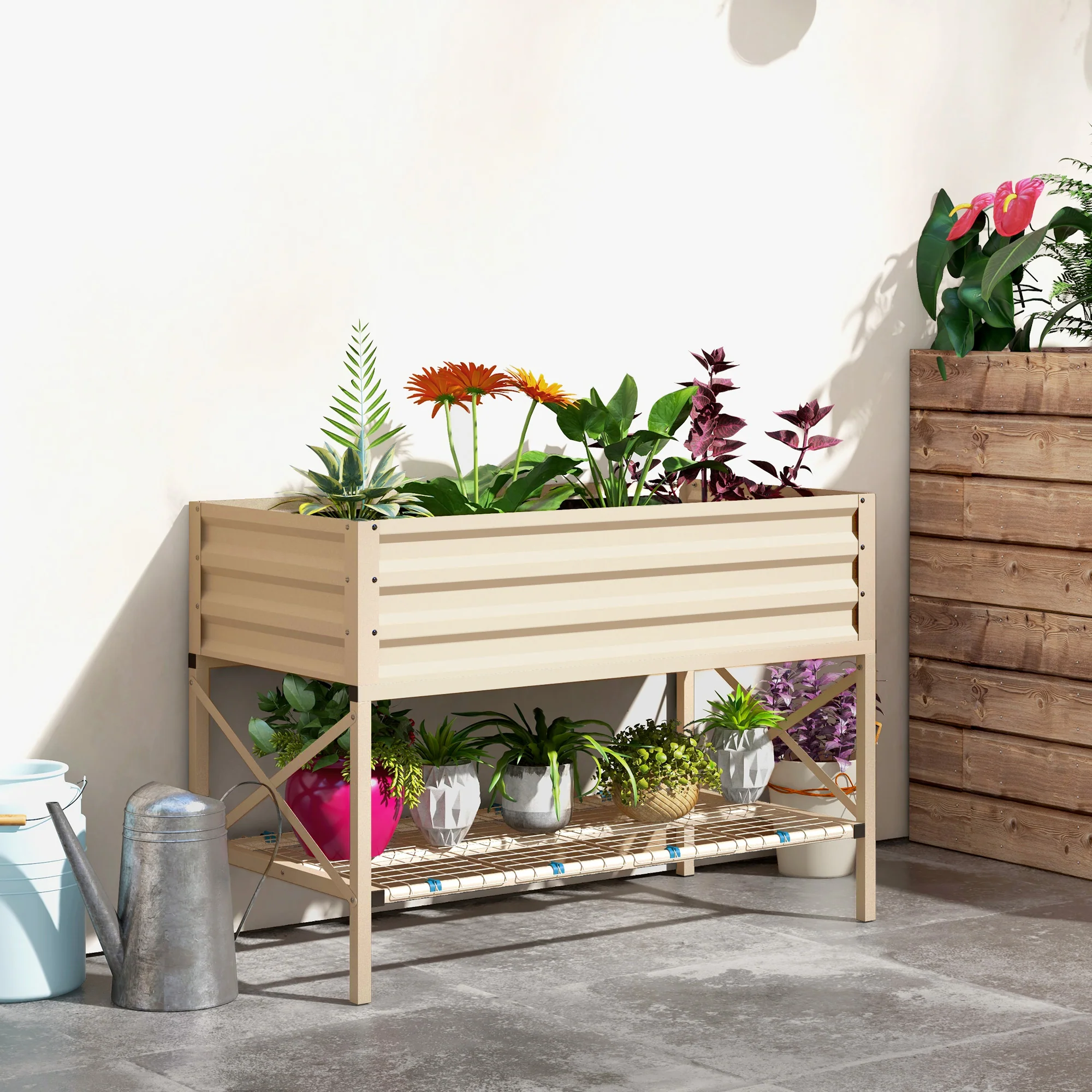 Galvanized Steel Raised Garden Bed, Planter Box with Storage Shelf & Bed Liner, Cream - Image 3