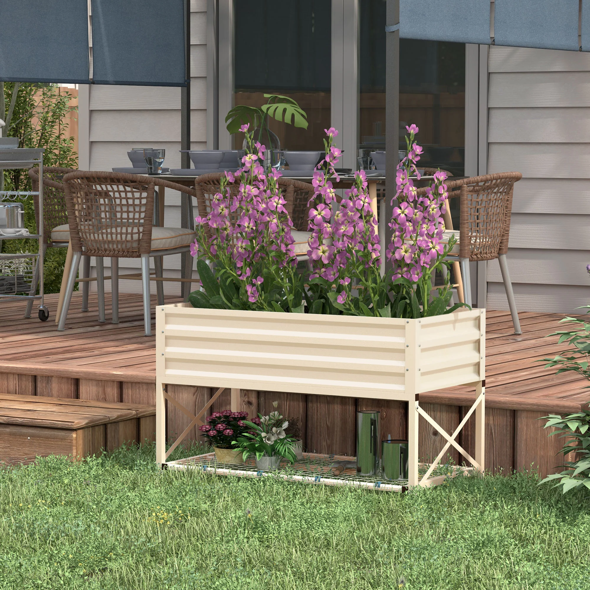 Galvanized Steel Raised Garden Bed, Planter Box with Storage Shelf & Bed Liner, Cream - Image 4