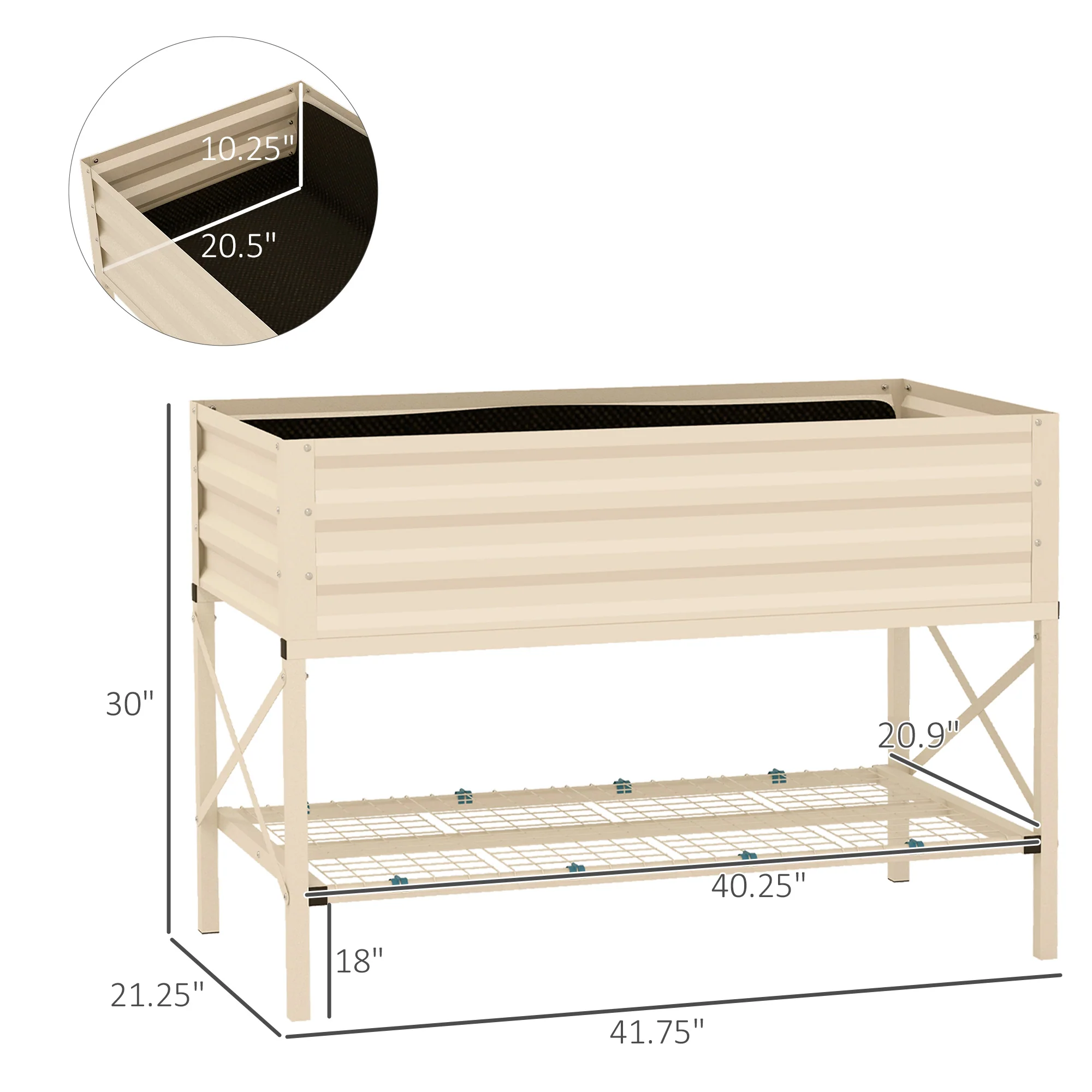 Galvanized Steel Raised Garden Bed, Planter Box with Storage Shelf & Bed Liner, Cream - Image 5