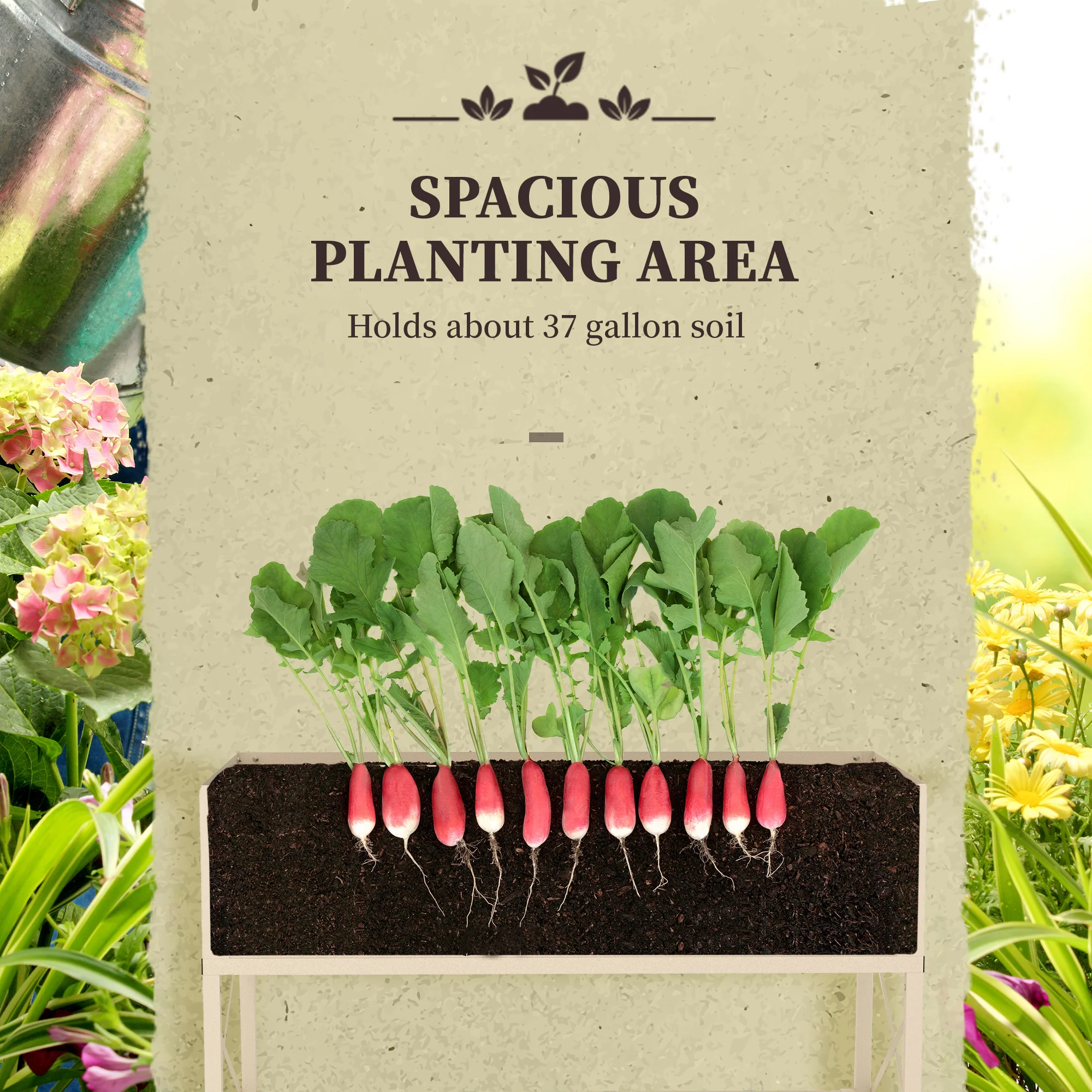 Galvanized Steel Raised Garden Bed, Planter Box with Storage Shelf & Bed Liner, Cream - Image 6